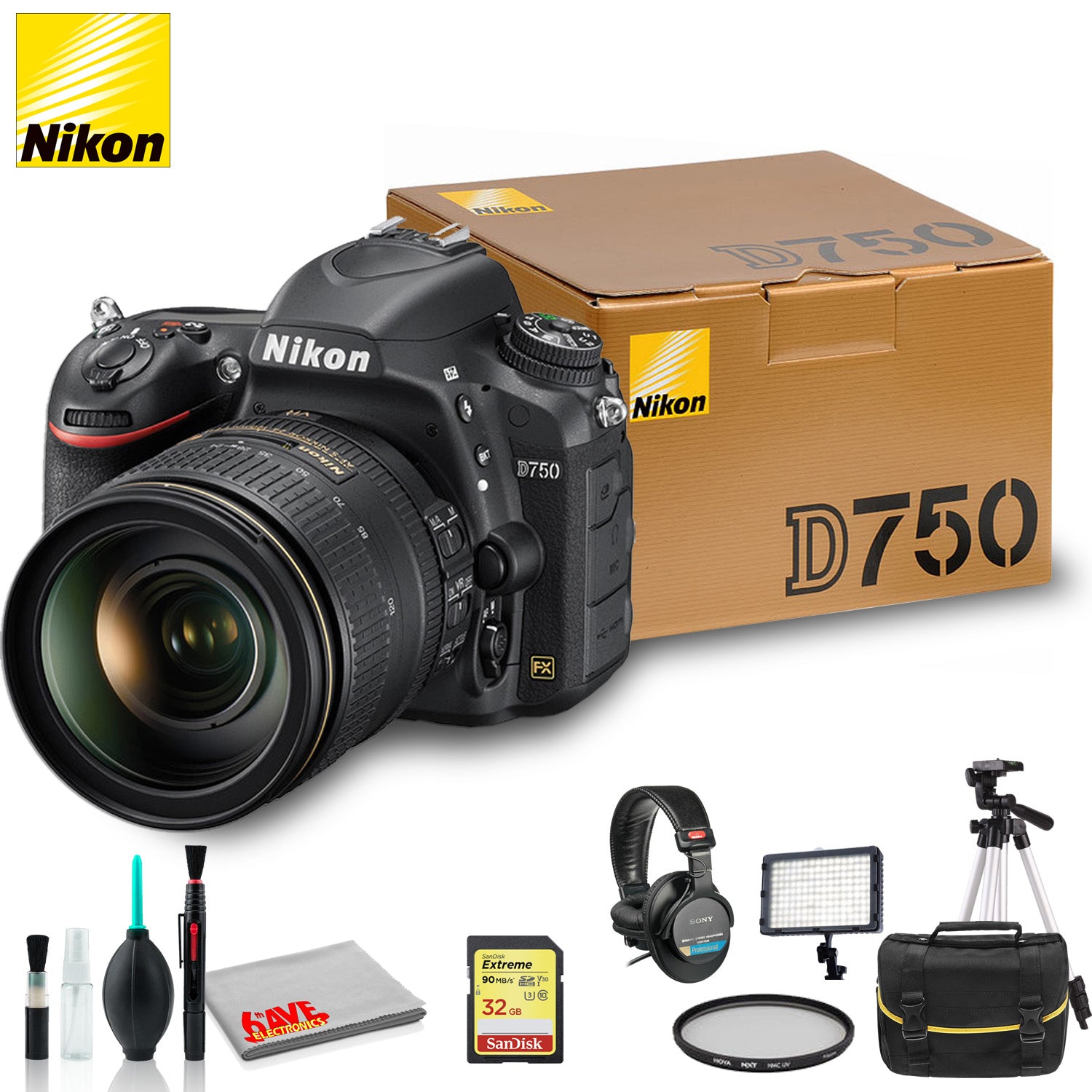 Nikon D750 DSLR Camera with 24-120mm Lens + Professional Stereo Headphones, Sandisk 32 GB SD Card and More