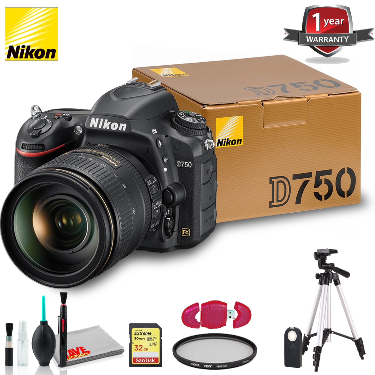 Nikon D750 DSLR Camera with 24-120mm Lens + 1 Year Extended Warranty, USB SD Card Reader + More
