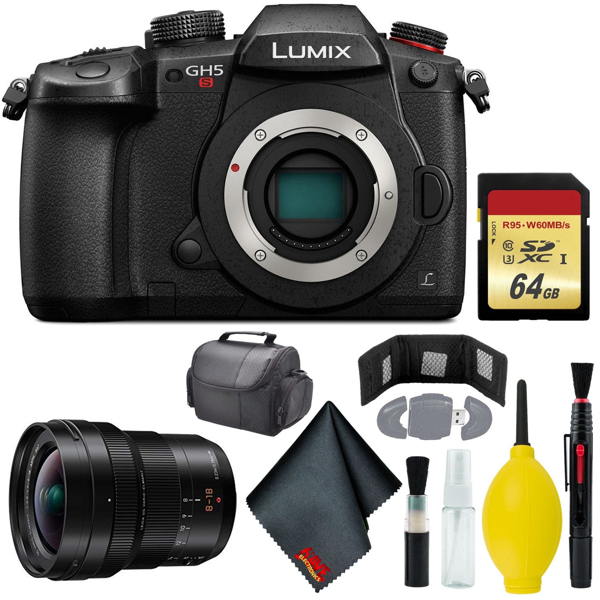 Panasonic Lumix DC-GH5S Mirrorless Micro Four Thirds Digital Camera - Cleaning Kit - 64GB - Card Wallet & Reader - CASE - Panasonic Leica DG Vario-Elmarit 8-18mm f/2.8-4 ASPH. Lens Panasonic