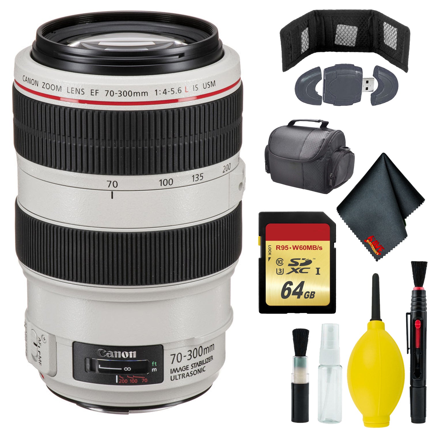 Canon EF 70-300mm f/4-5.6L IS USM Lens - Cleaning Kit - Memory Card Wallet & Reader - 64GB - SOFT CASE-MED (SLR + LENSES)