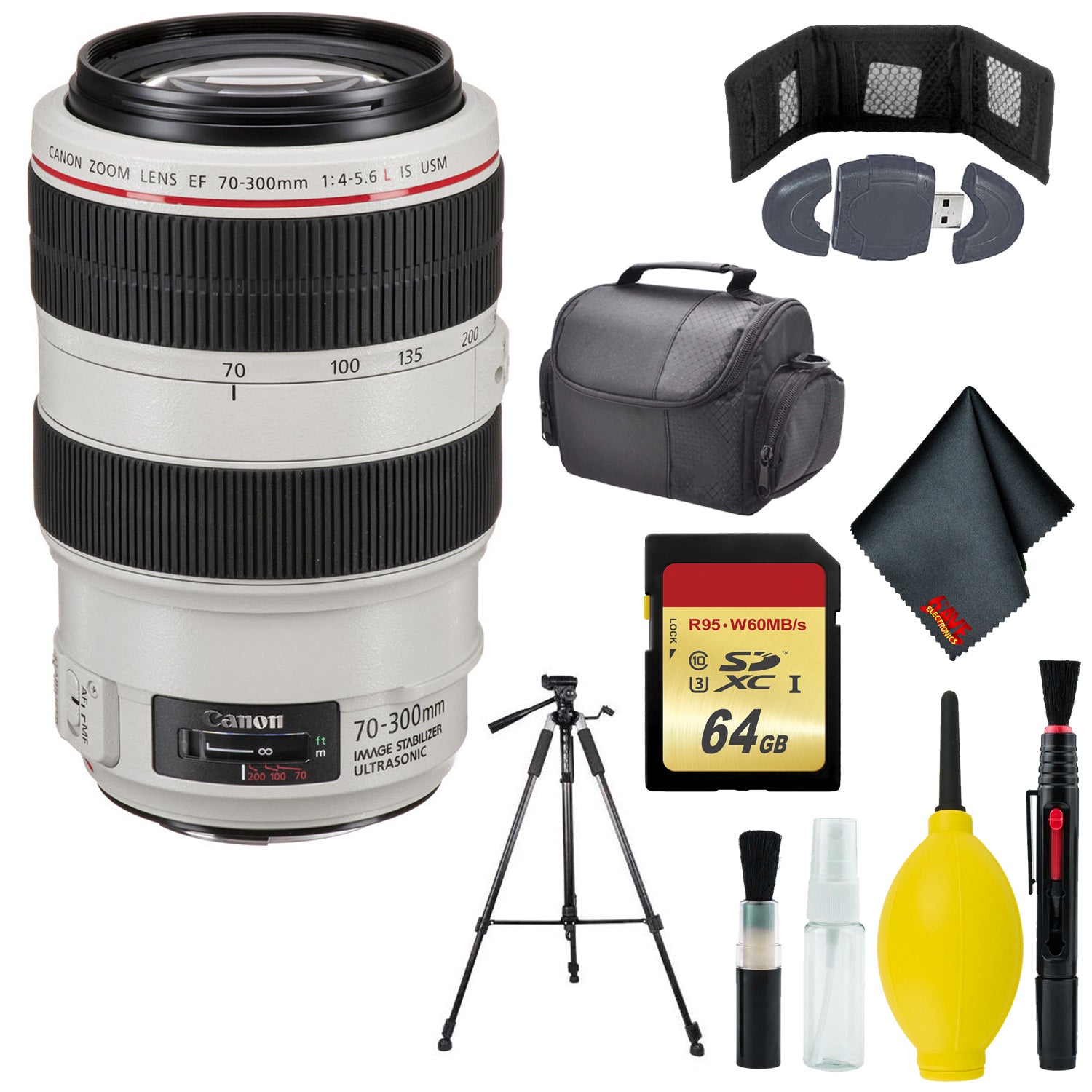 Canon EF 70-300mm f/4-5.6L IS USM Lens - Cleaning Kit - Memory Card Wallet & Reader - 64GB - CASE - 72