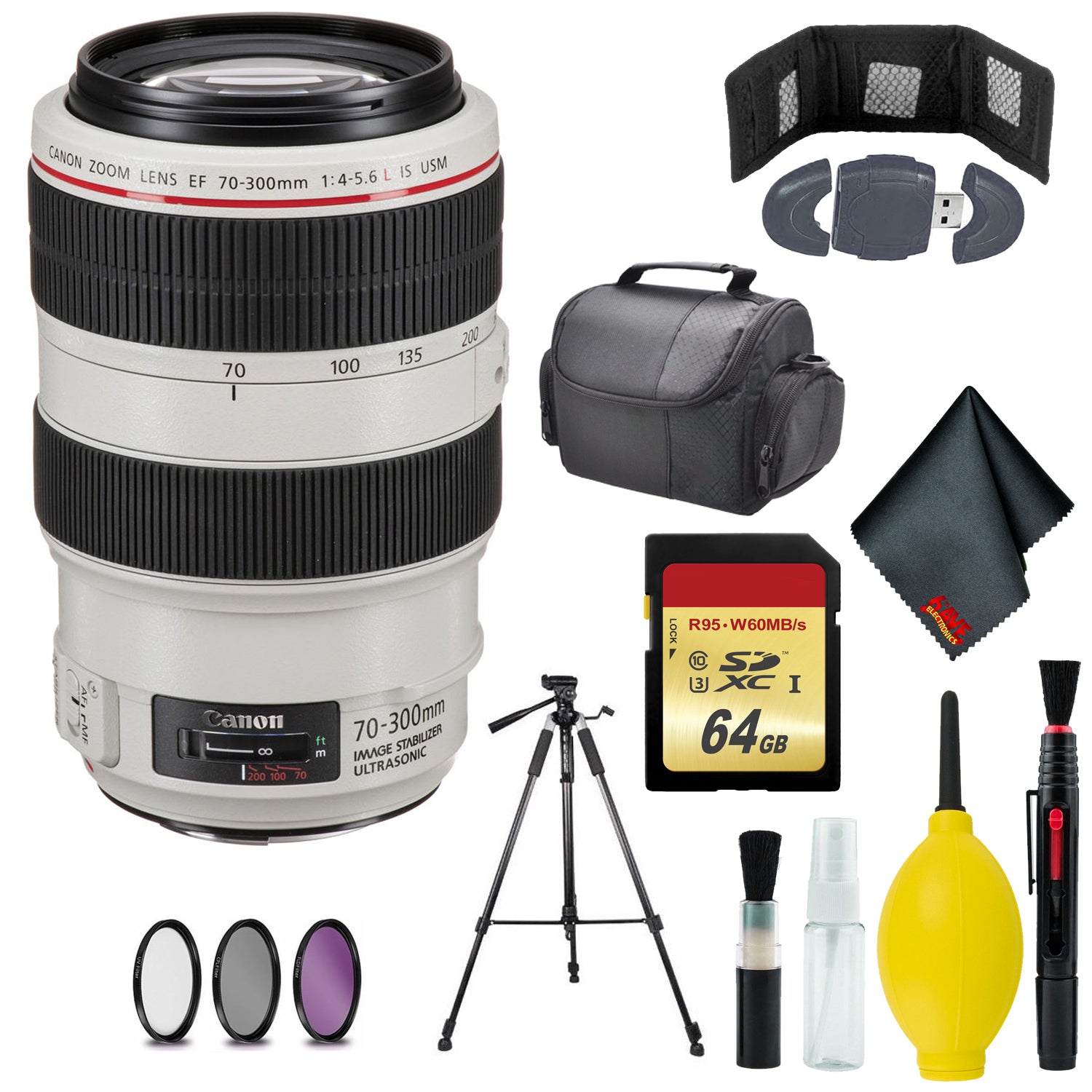 Canon EF 70-300mm f/4-5.6L IS USM Lens - Memory Card Wallet & Reader - 64GB  - CASE - 72