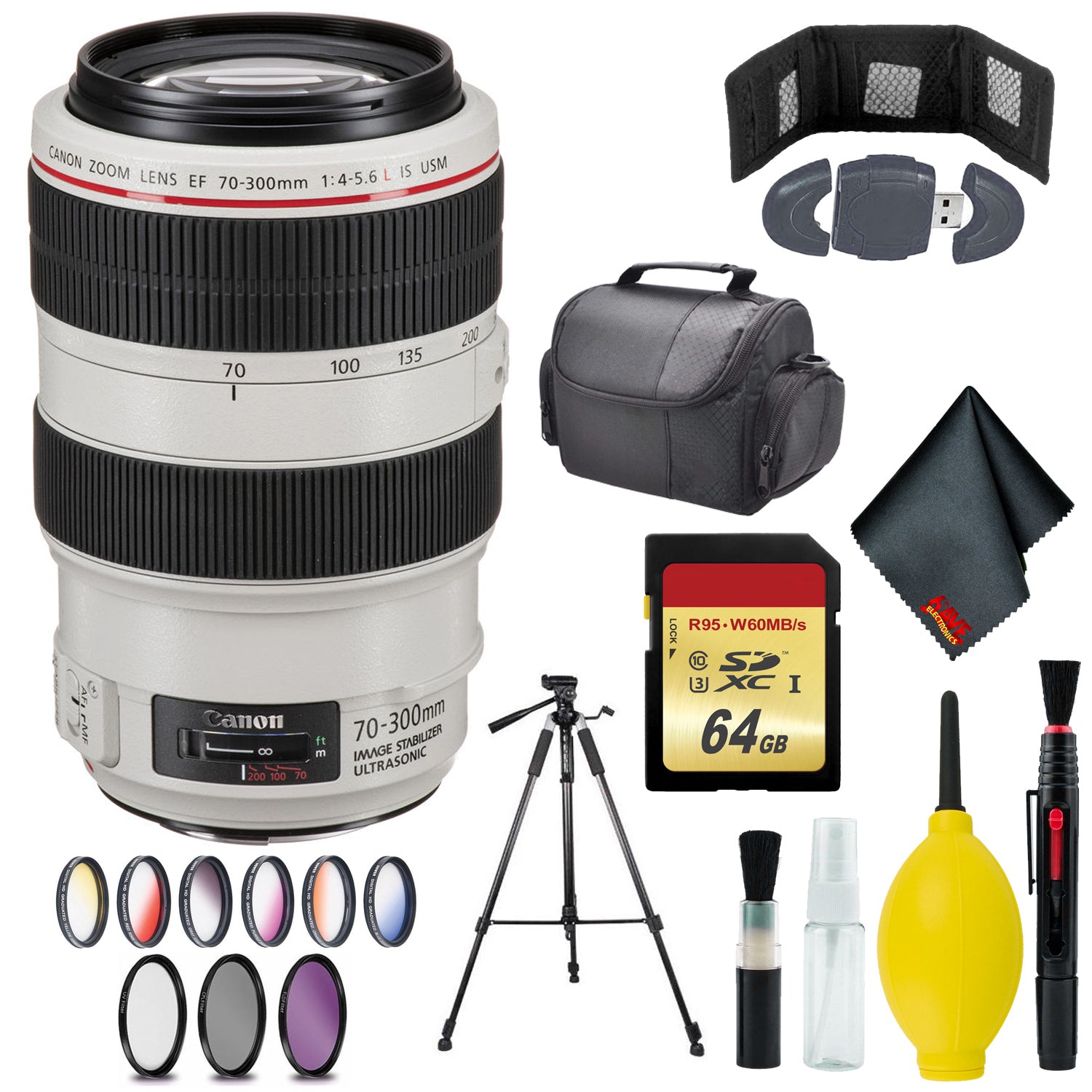 Canon EF 70-300mm f/4-5.6L IS USM Lens - Memory Card Wallet & Reader - 128GB - CASE - 67mm 3 Piece Filter Kit