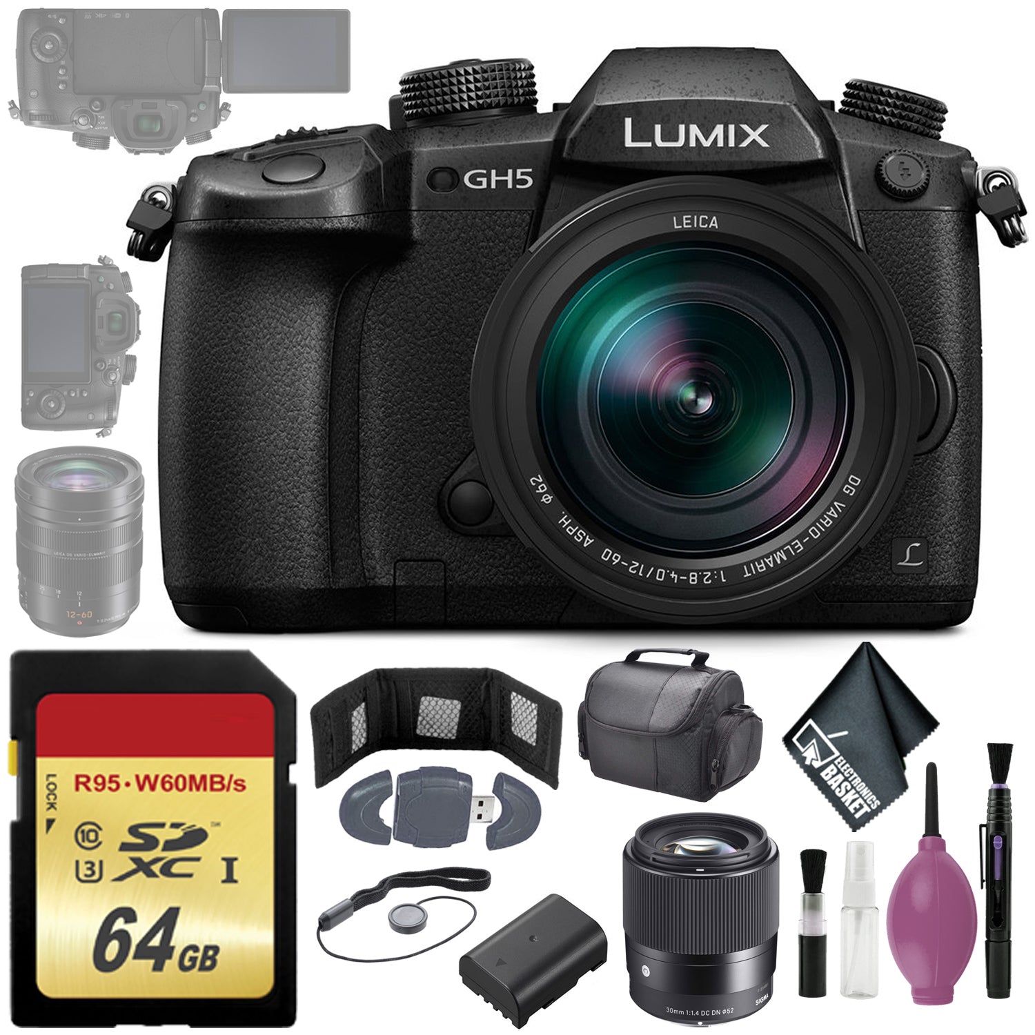 Panasonic Lumix DC-GH5 Mirrorless Micro Four Thirds Digital Camera 12-60mm Lens - 64GB - 30mm f/1.4 DC DN Contemporary Lens