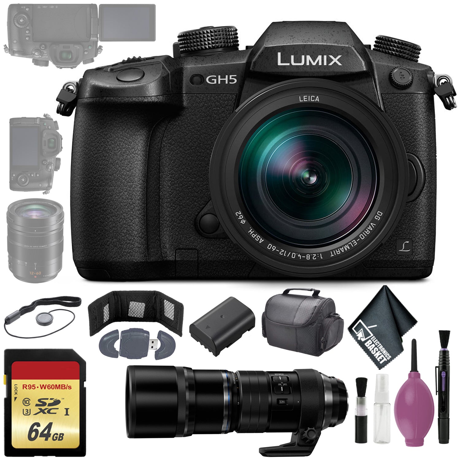 Panasonic Lumix DC-GH5 Mirrorless Micro Four Thirds Digital Camera 12-60mm Lens - 64GB - 300mm f4.0 PRO LENS BLK