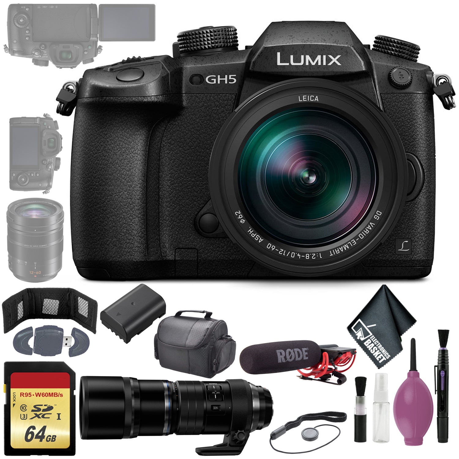 Panasonic Lumix DC-GH5 Mirrorless Micro Four Thirds Digital Camera 12-60mm Lens, 64GB, ED 300mm f4.0 PRO LENS BLK, Rode VideoMic