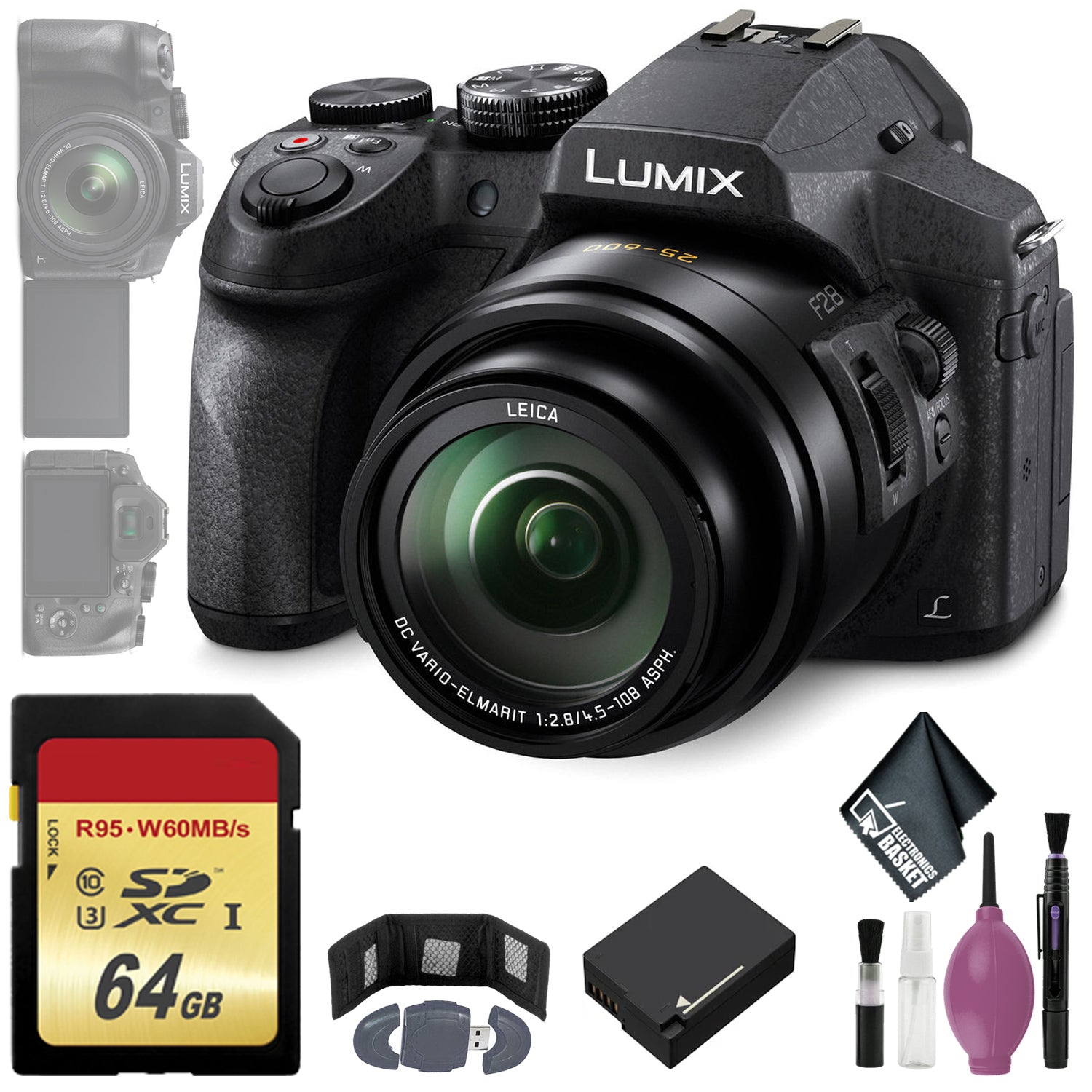 Panasonic Lumix DMC-FZ300 Digital Camera - 64GB - Memory Card Wallet - Reader - Battery