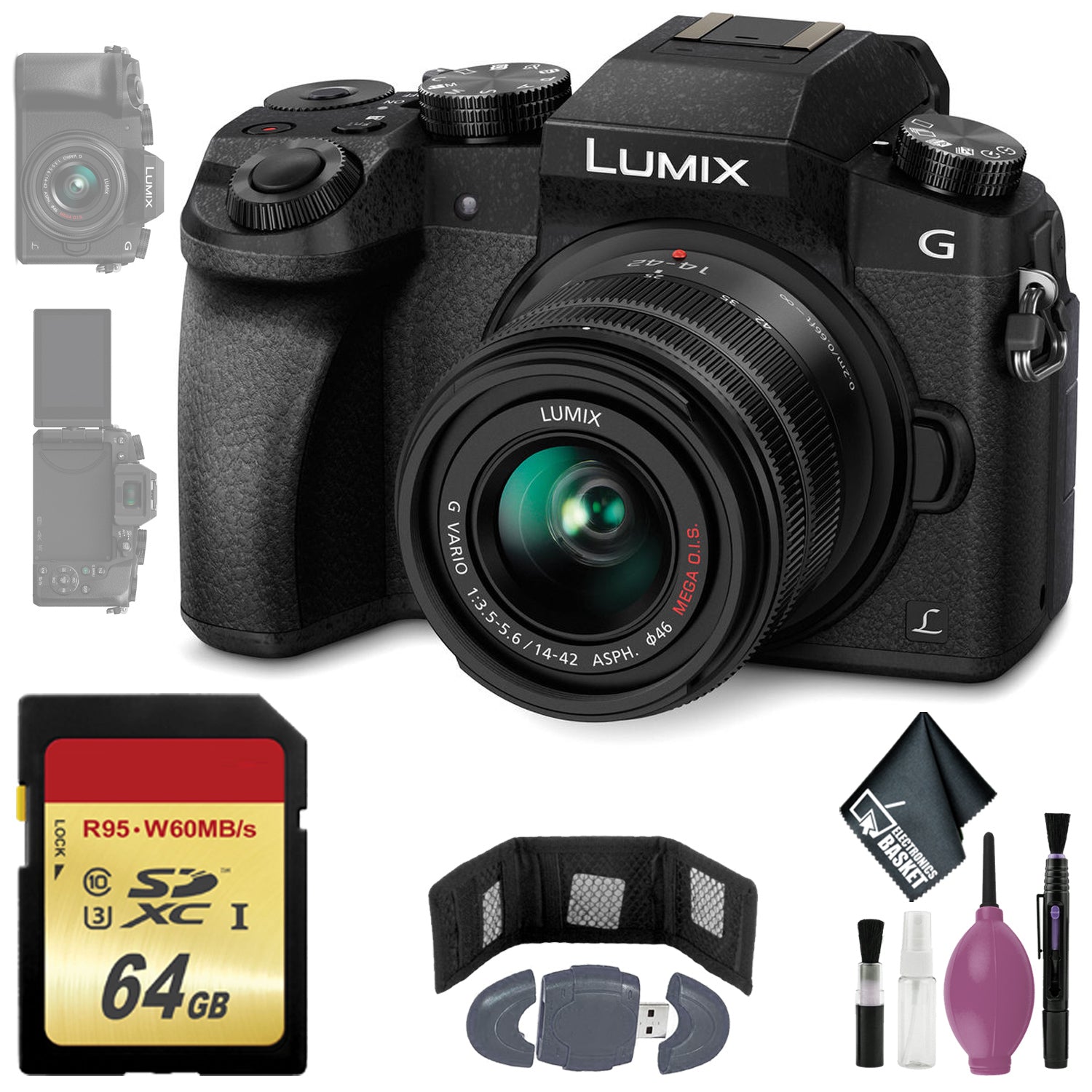 Panasonic Lumix DMC-G7 Mirrorless Micro Four Thirds Digital Camera w/ 14-42mm Lens (Black) - 64GB - Memory Card Wallet & Reader