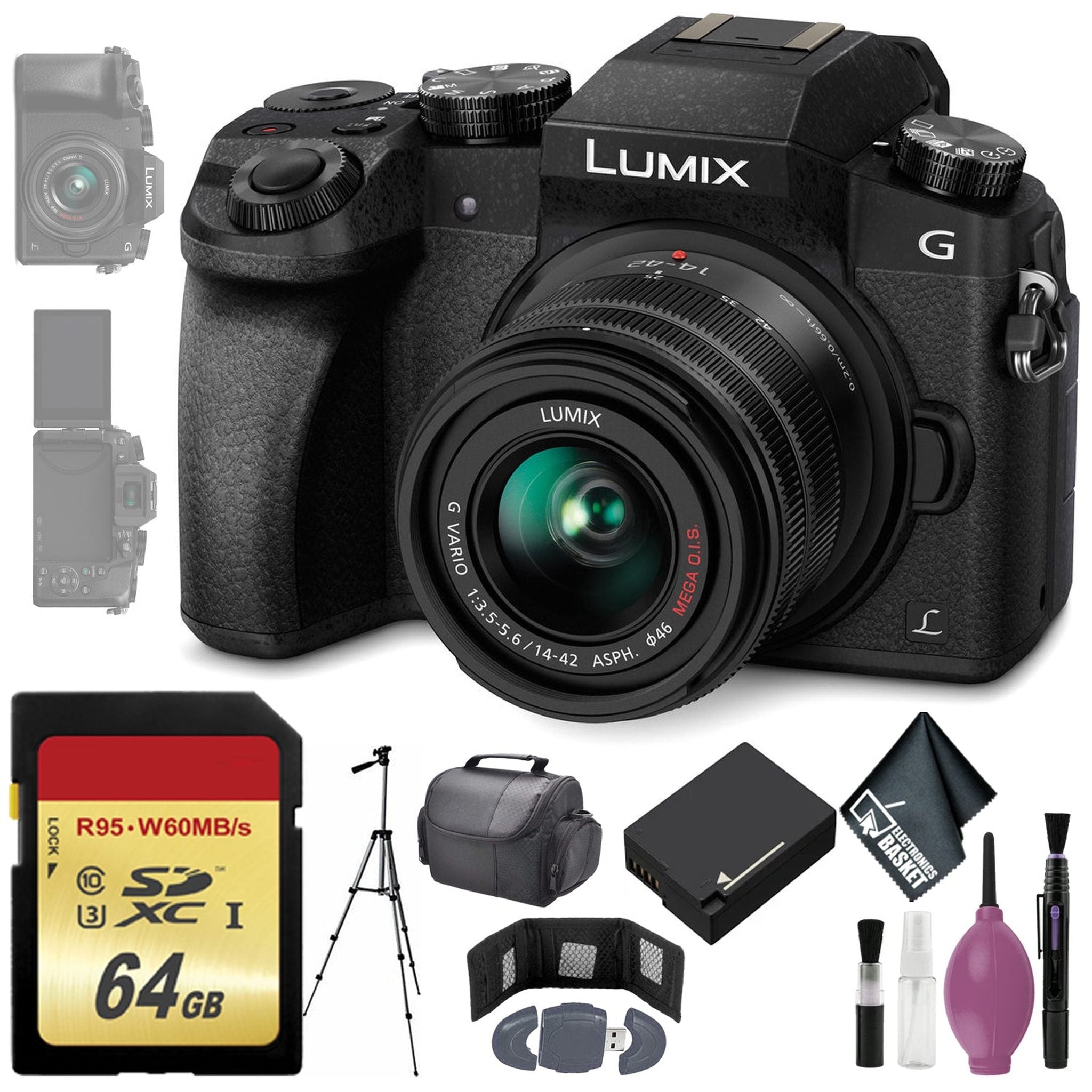 Panasonic Lumix DMC-G7 Mirrorless Micro Four Thirds Digital Camera w/ 14-42mm Lens Black - 64GB - Memory Card Wallet Panasonic