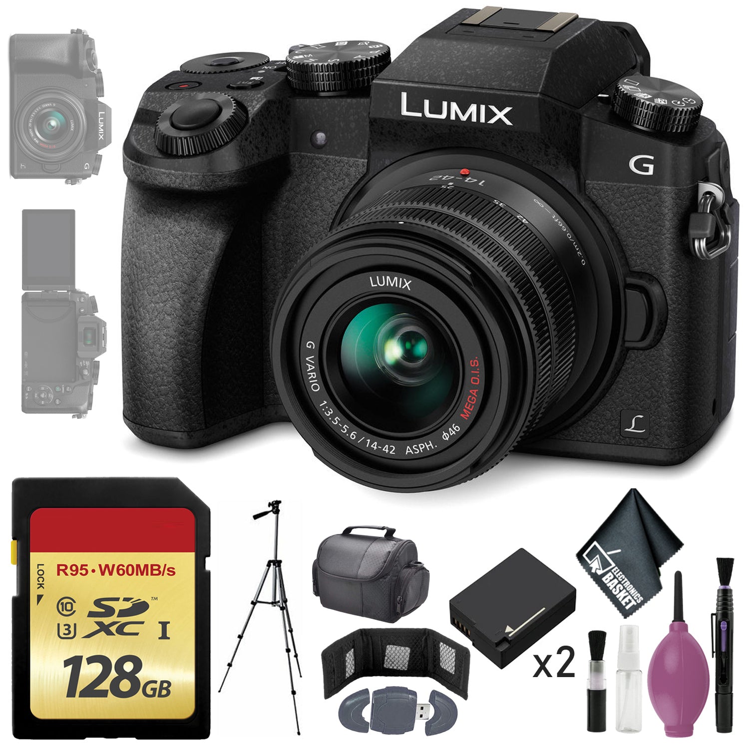 Panasonic Lumix DMC-G7 Mirrorless Micro Four Thirds Digital Camera w/ 14-42mm Lens (Black) - 128GB - Battery x2 - 72