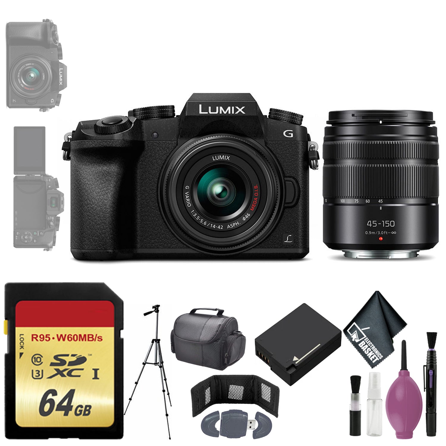 Panasonic Lumix DMC-G7 Mirrorless Micro Four Thirds Digital Camera w/ 14-42mm & 45-150mm Lenses (Black) - Battery - 72
