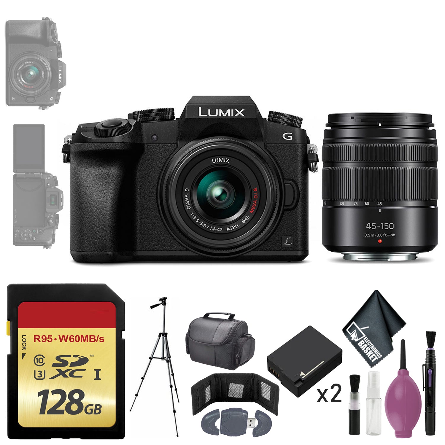 Panasonic Lumix DMC-G7 Mirrorless Micro Four Thirds Digital Camera w/ 14-42mm & 45-150mm Lenses (Black) - 128GB