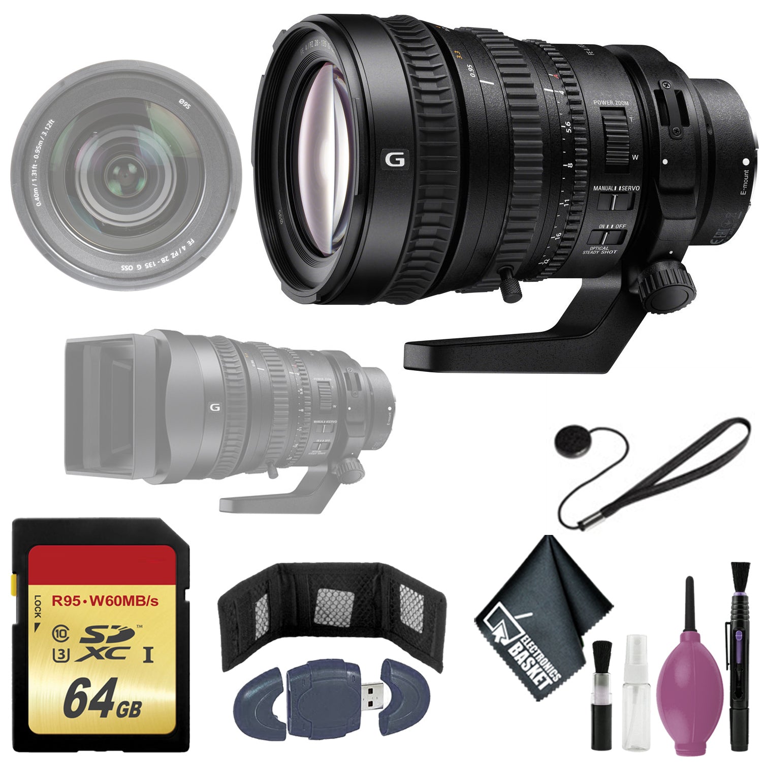 Sony FE PZ 28-135mm f/4 G OSS Lens - Cleaning kit - Lens Cap Keeper - 64GB Card - Memory Card Reader & Wallet