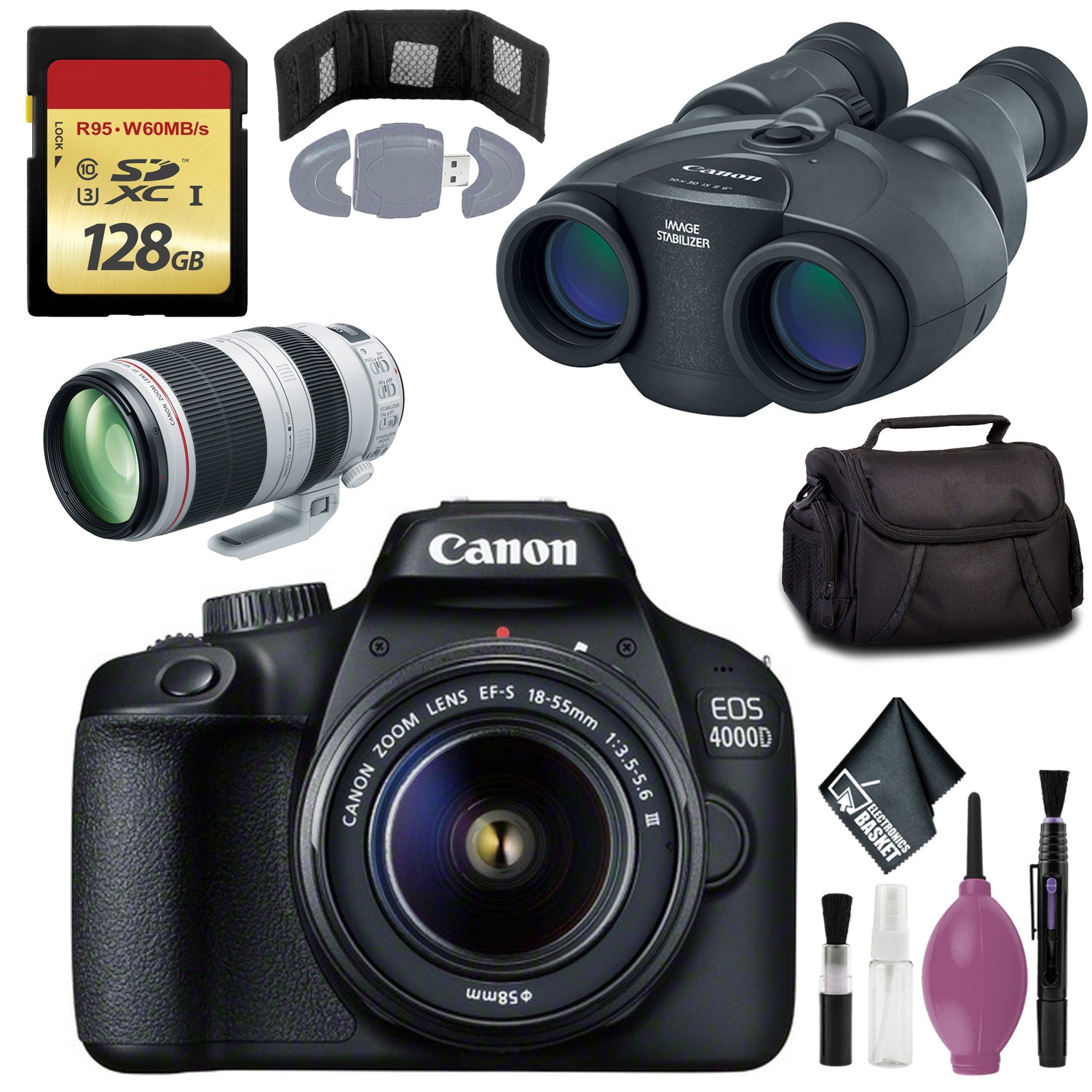 Canon 10x30 IS II Image Stabilized Binocular - Eos 4000D with EF-S 18-55mm f/3.5-5.6 III Lens - 128GB Card