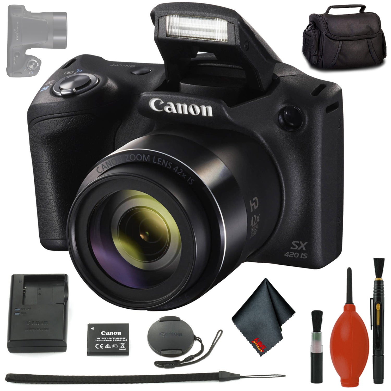 Canon PowerShot SX420 IS Digital Camera (Black) - NB-11L Battery - Lens Cap - Wrist Strap - CASE - Cleaning Kit Base Bundle