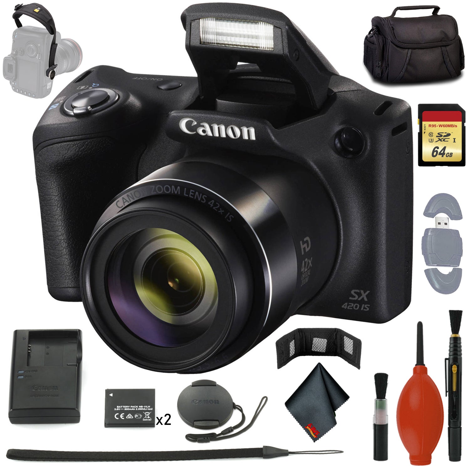 Canon PowerShot SX420 IS Digital Camera (Black) - NB-11L Battery x2 - Hand Strap - 64GB Memory Card - CASE Starter Bundle