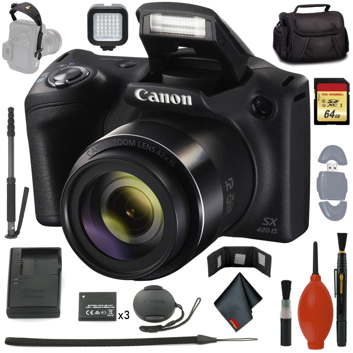 Canon PowerShot SX420 IS Digital Camera - Card Reader + Wallet - 64GB Memory Card - Video LED - BATTERY x3 - Grip Pro Bundle