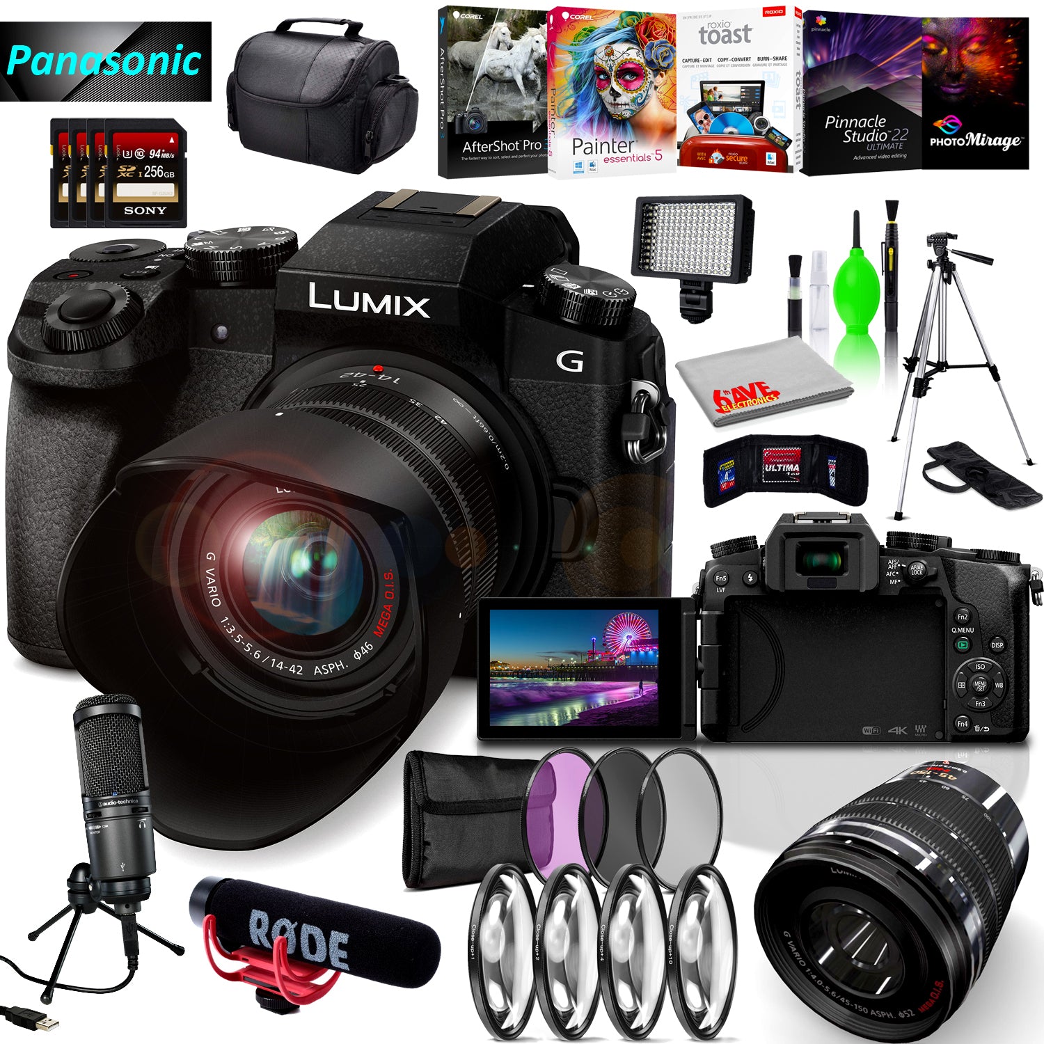Panasonic Lumix DMC-G7 Mirrorless MFT Digital Camera, 45-150mm Lens, Close Up & UV Filters, Condenser USB Mic & Camera Mic Base Bundle