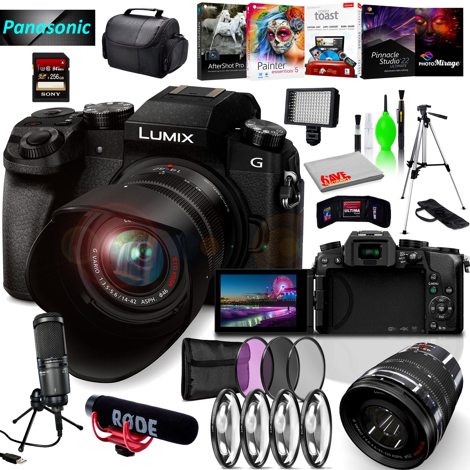 Panasonic Lumix DMC-G7 Mirrorless MFT Digital Camera, 45-150mm Lens, Close Up & UV Filters, Condenser USB Mic & Camera Mic, Corel Editing Software Pro Bundle