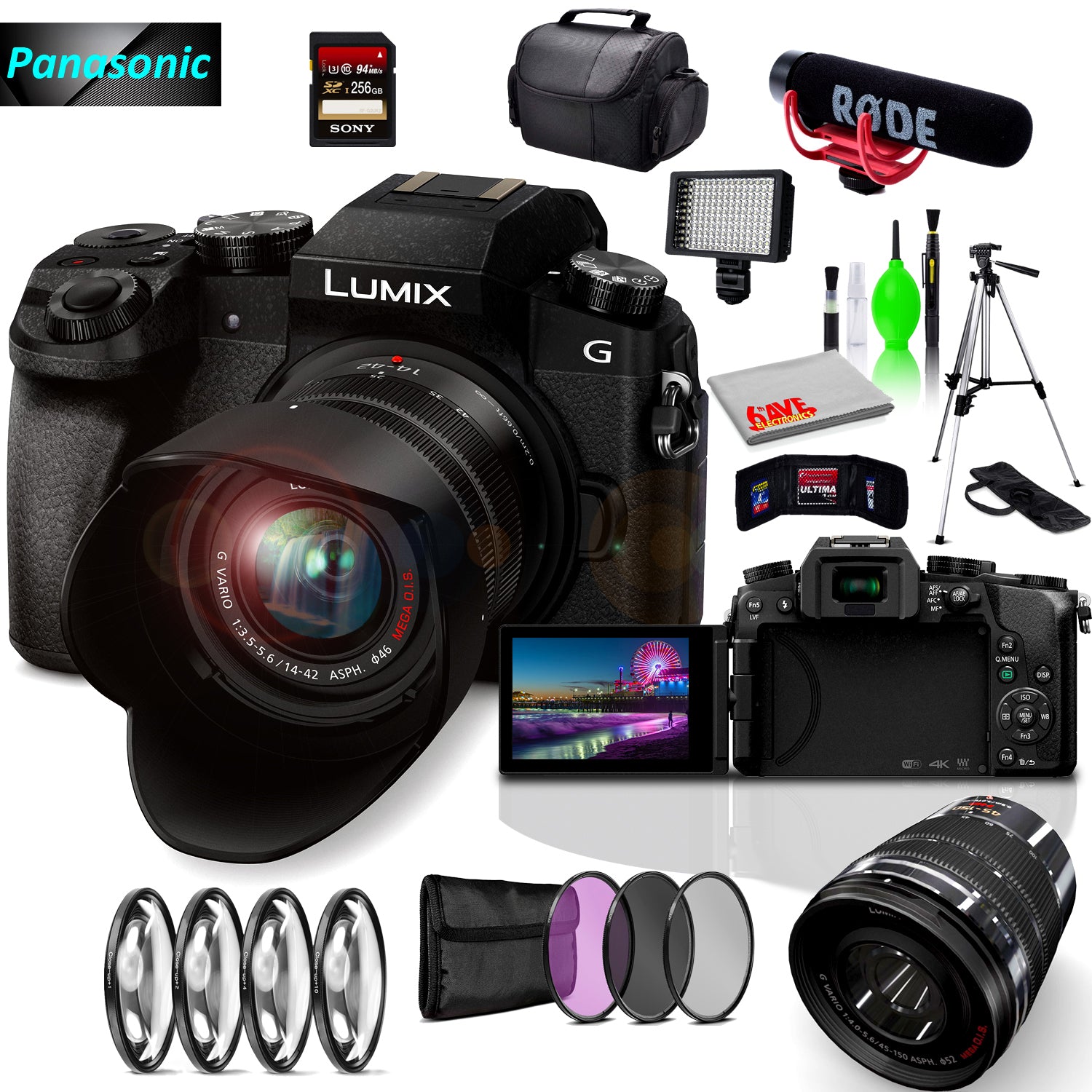 Panasonic Lumix DMC-G7 Mirrorless MFT Digital Camera, 45-150mm Lens, Close Up & UV Filters, Condenser USB Mic & Camera Mic, 256GB SD Card Bundle