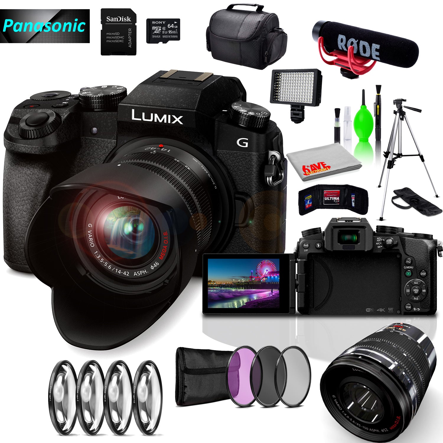 Panasonic Lumix DMC-G7 Mirrorless MFT Digital Camera, 45-150mm Lens, Close Up & UV Filters, Condenser USB Mic & Camera Mic, 64GB SD Card Bundle