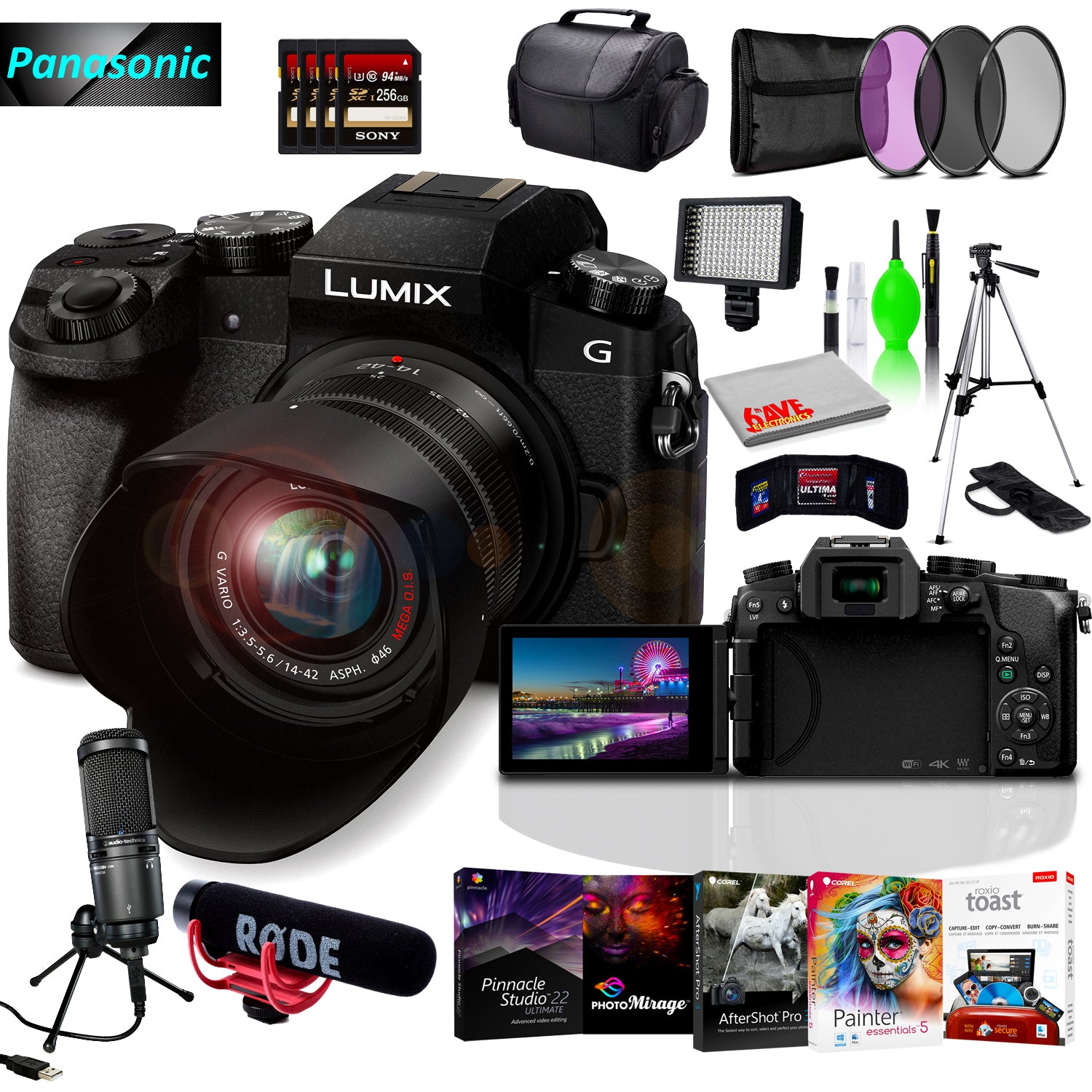 Panasonic Lumix DMC-G7 Mirrorless MFT Digital Camera, Condenser USB Mic & Camera Mic, Corel Editing Software Bundle, 4x 256GB SD Card Bundle