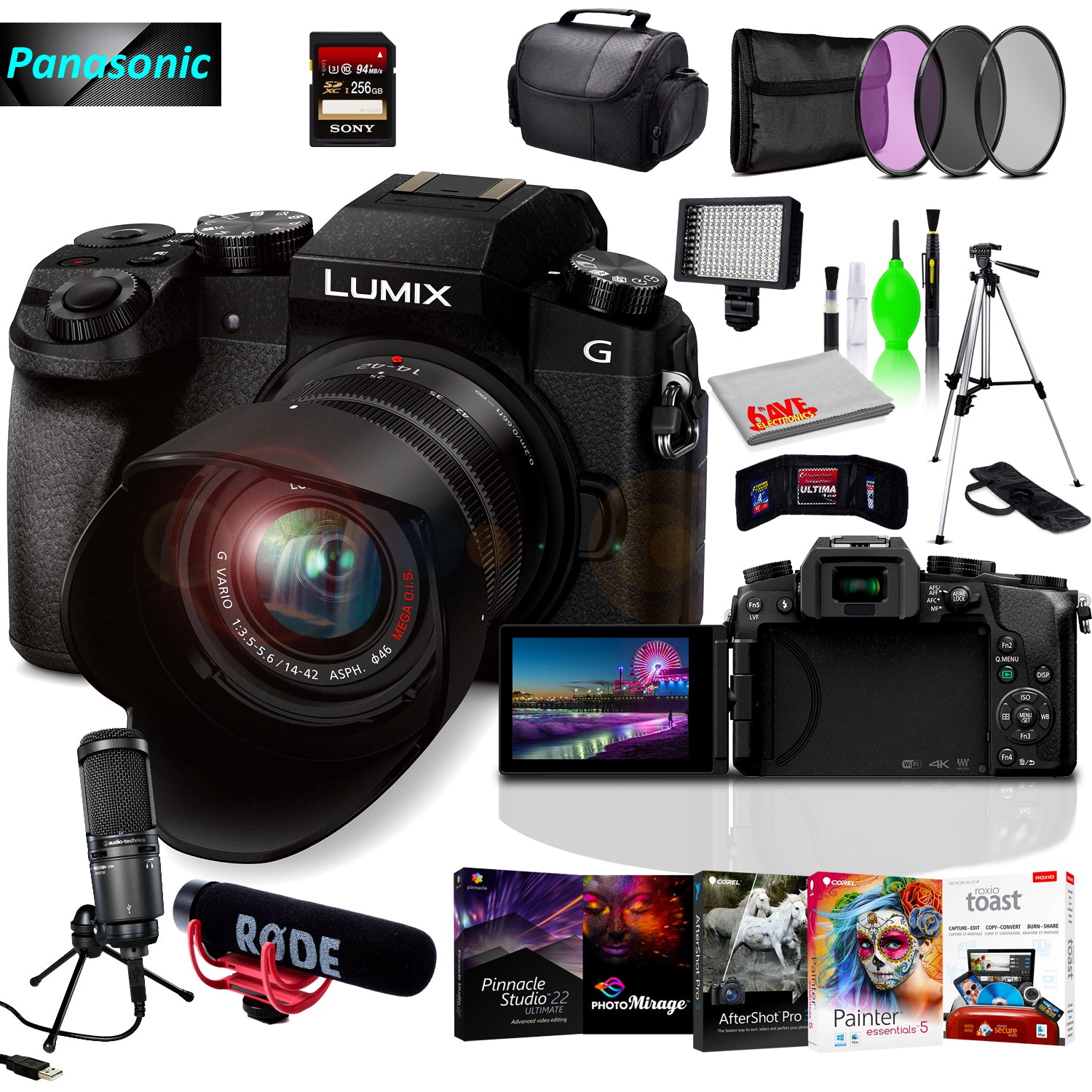 Panasonic Lumix DMC-G7 Mirrorless MFT Digital Camera, Condenser USB Mic & Camera Mic, Corel Editing Software Bundle, 256GB SD Card Bundle