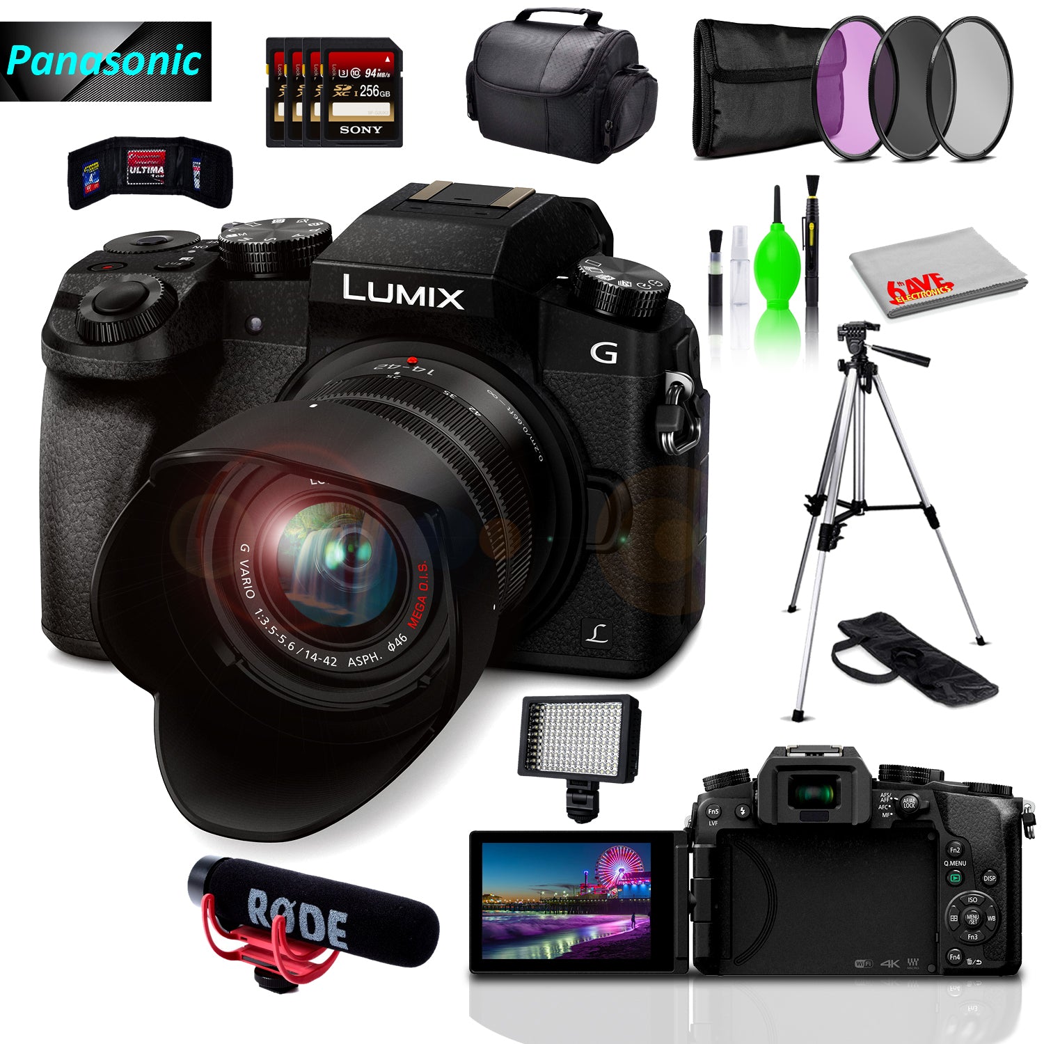 Panasonic Lumix DMC-G7 Mirrorless MFT Digital Camera, Condenser USB Mic & Camera Mic, 4x 256GB SD Card & Cleaning Kit