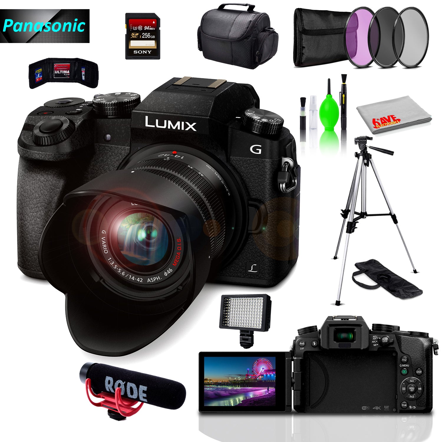 Panasonic Lumix DMC-G7 Mirrorless MFT Digital Camera, Condenser USB Mic & Camera Mic, 256GB SD Card& Cleaning Kit