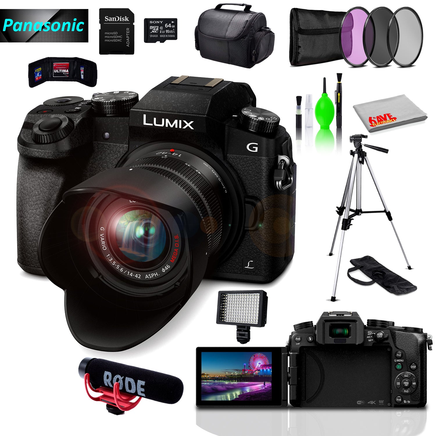 Panasonic Lumix DMC-G7 Mirrorless MFT Digital Camera, Condenser USB Mic & Camera Mic, 64GB SD Card& Cleaning Kit