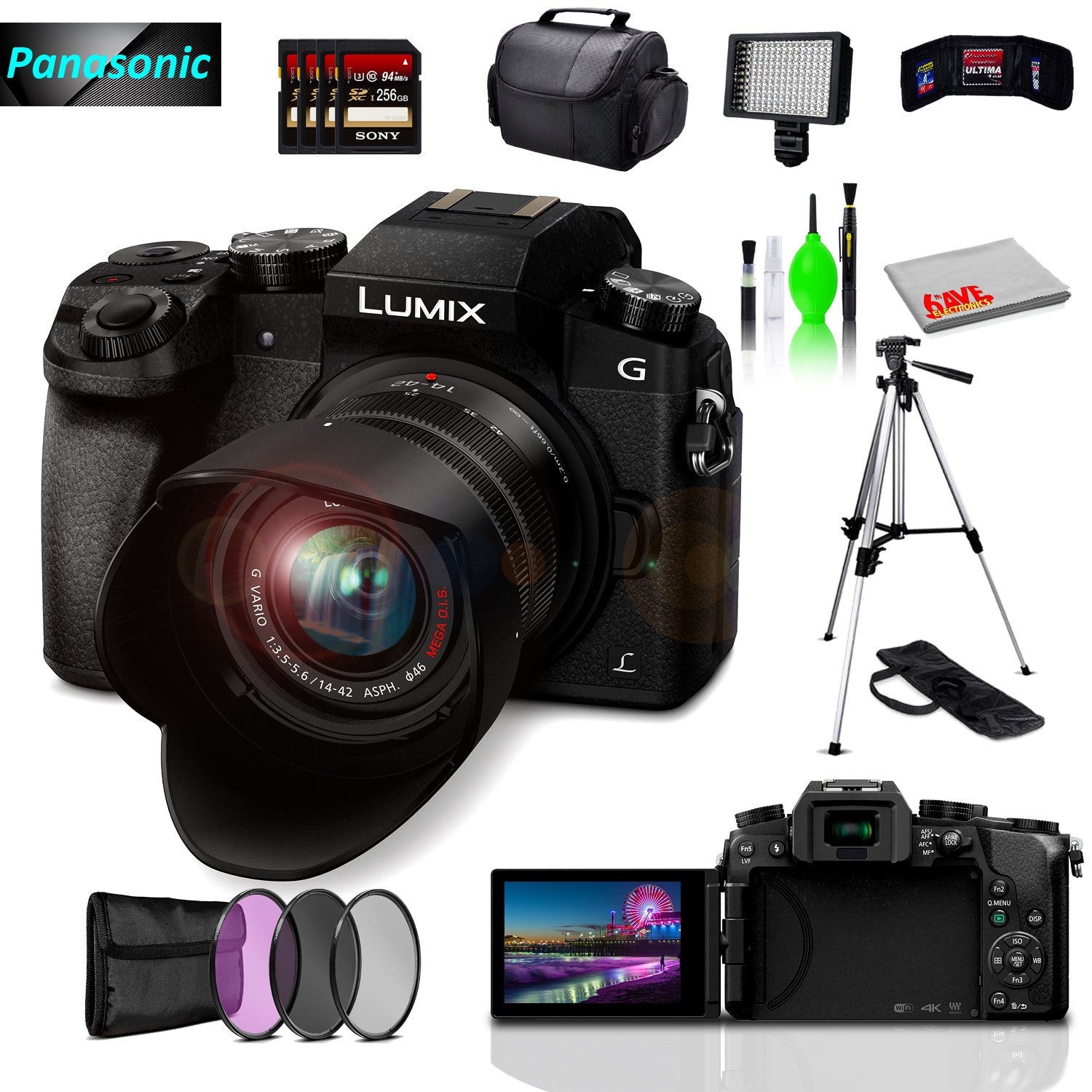 Panasonic Lumix DMC-G7 Mirrorless MFT Digital Camera, 4x 256GB SD Card & Cleaning Kit