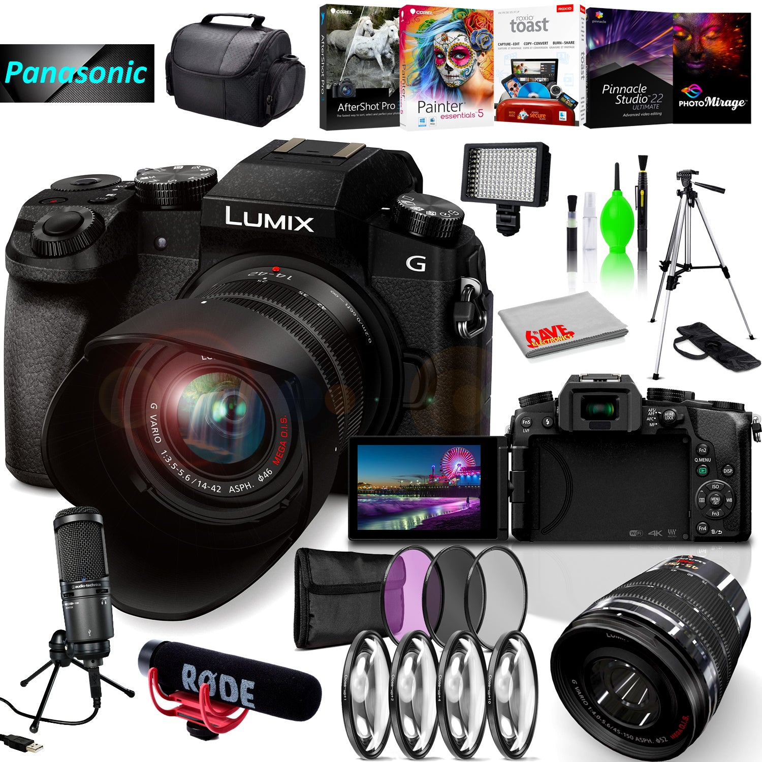 Panasonic Lumix DMC-G7 Mirrorless MFT Digital Camera, 45-150mm Lens, Close Up & UV Filters, Condenser USB Mic & Camera Mic Ultimate Bundle