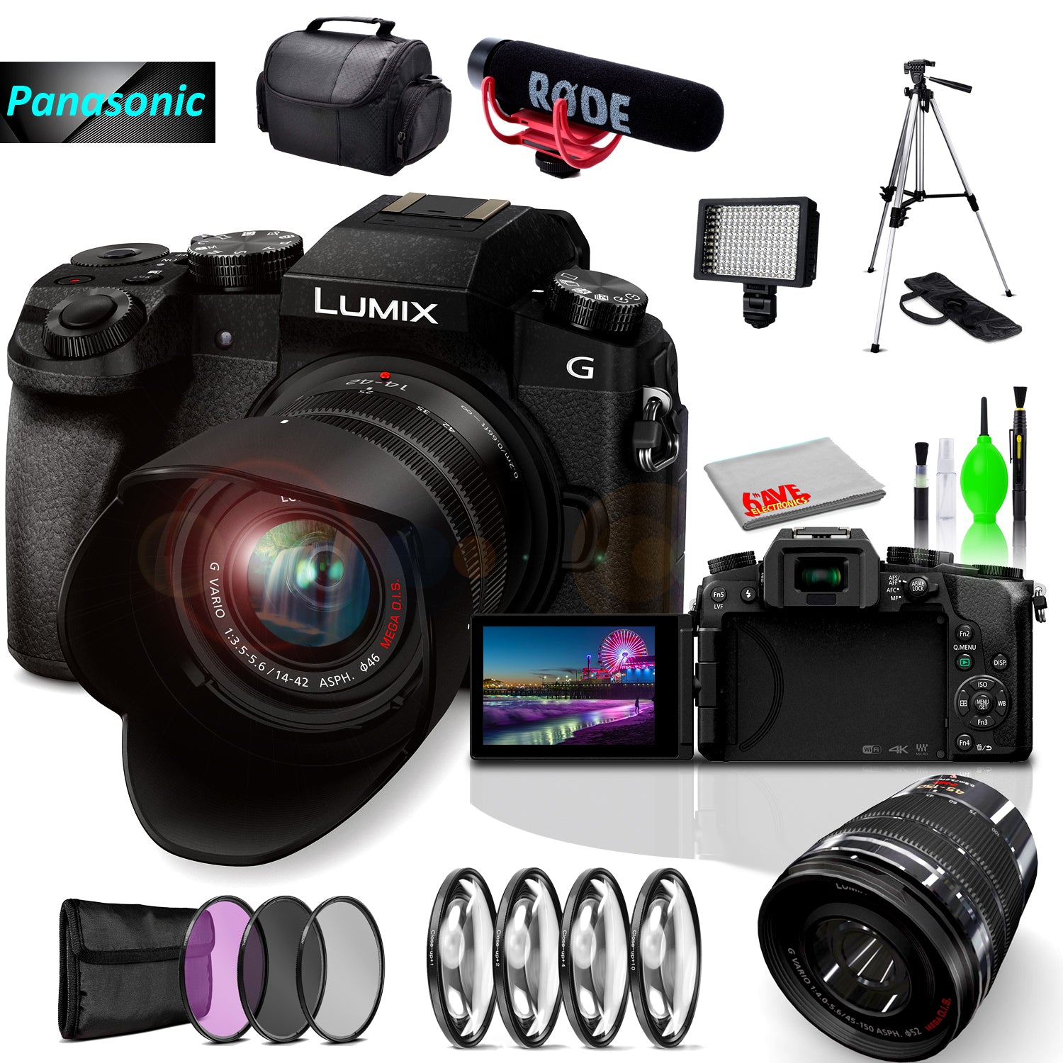 Panasonic Lumix DMC-G7 Mirrorless MFT Digital Camera, 45-150mm Lens, Close Up & UV Filters, Condenser USB Mic & Camera Mic & Cleaning Kit