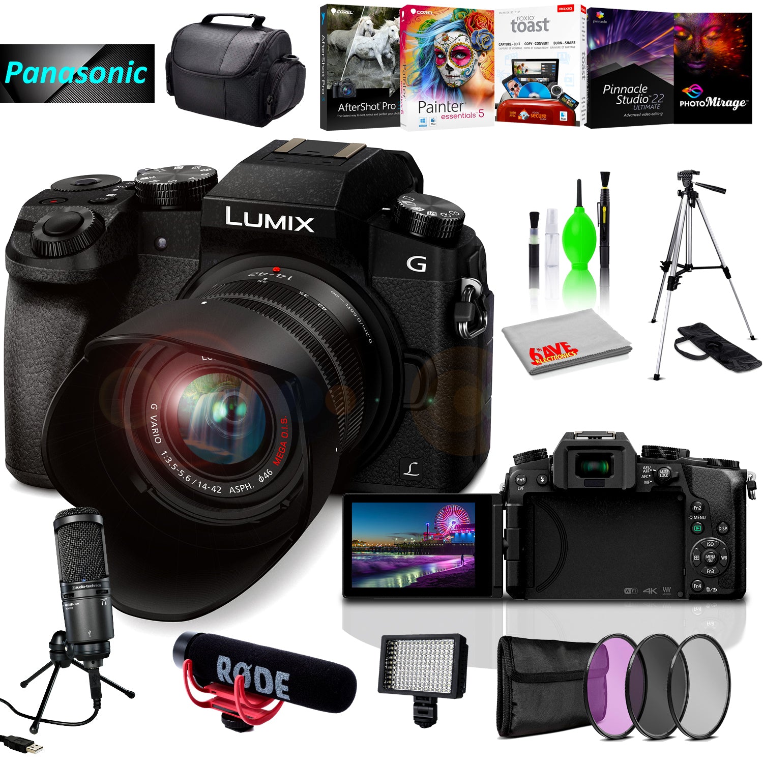 Panasonic Lumix DMC-G7 Mirrorless MFT Digital Camera, Condenser USB Mic & Camera Mic, Corel Editing Software Bundle & Cleaning Kit