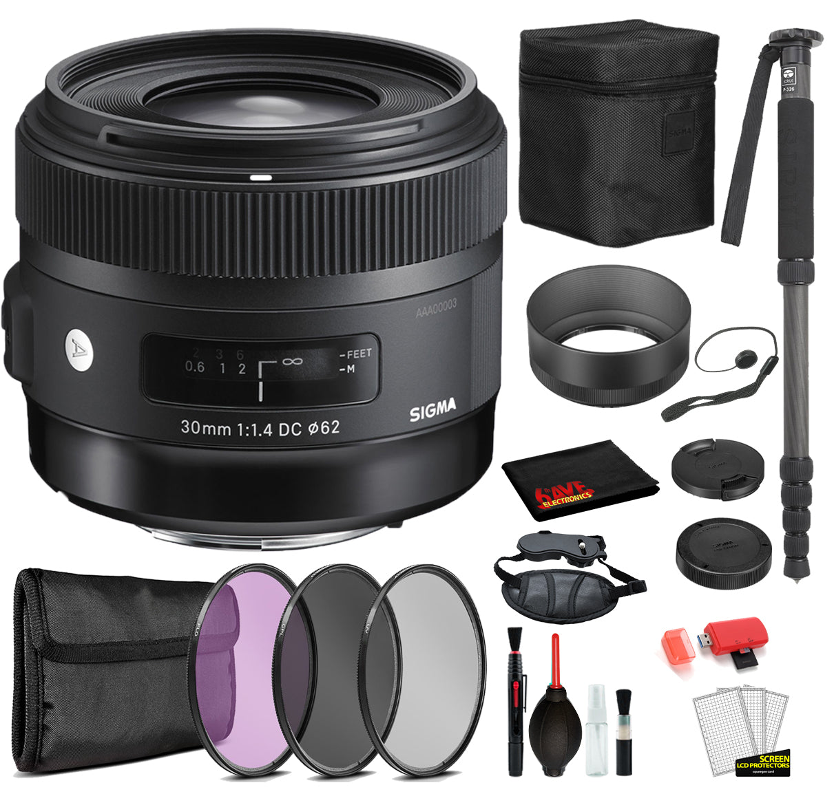 Sigma 30mm f/1.4 DC HSM Art Lens for Canon EF with Bundle Includes: Pro Series Monopod, 3PC Filter Kit + More