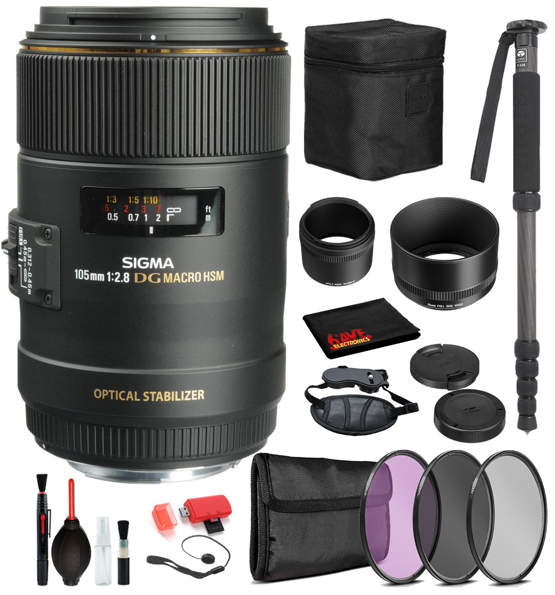 Sigma 105mm f/2.8 EX DG OS HSM Macro Lens for Canon EF with Bundle ncludes: Pro Series Monopod, 3PC Filter Kit + More