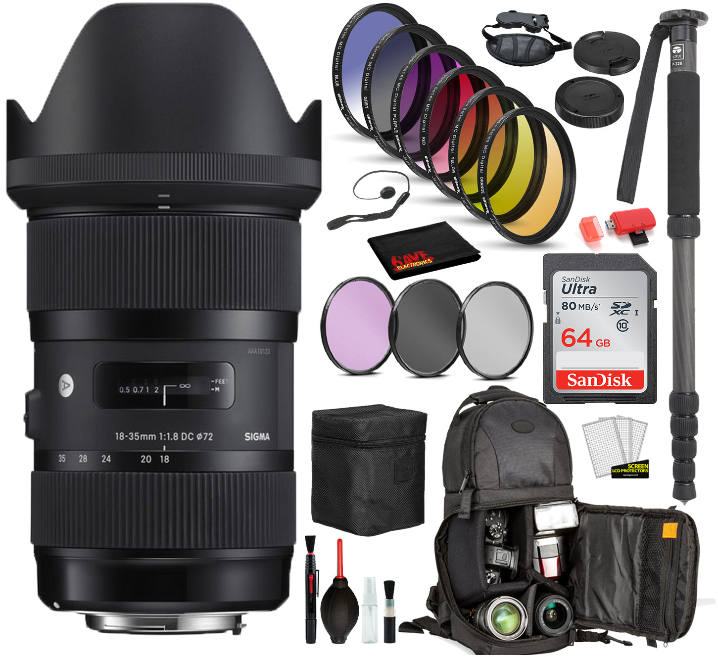 Sigma 18-35mm f/1.8 DC HSM Art Lens for Canon EF with Bundle Includes: Sandisk 64gb SD Card, 9PC Filter Kit + More