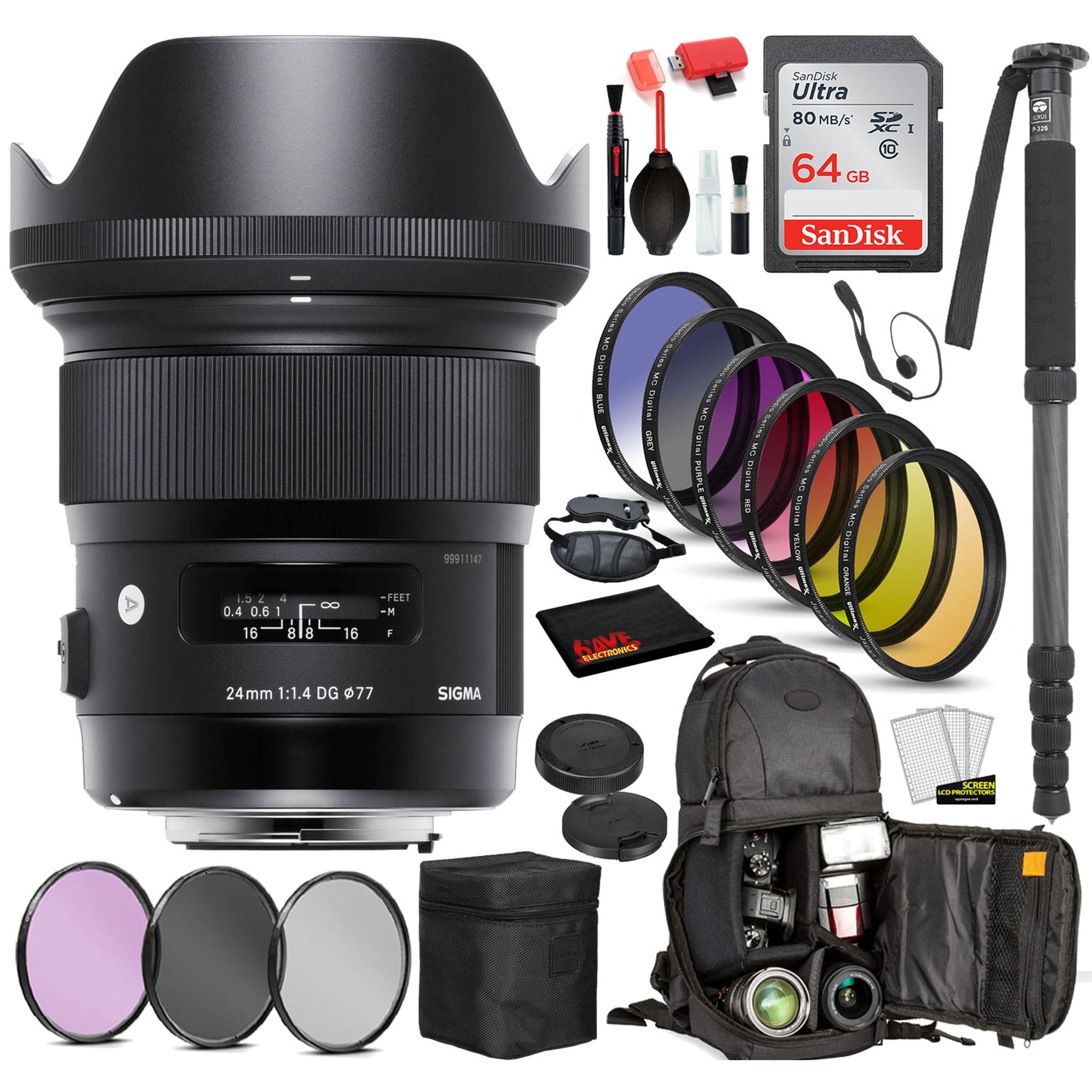 Sigma 24mm f/1.4 DG HSM Art Lens for Canon EF with Bundle Includes: Sandisk 64gb SD Card, 9PC Filter Kit + More Sigma