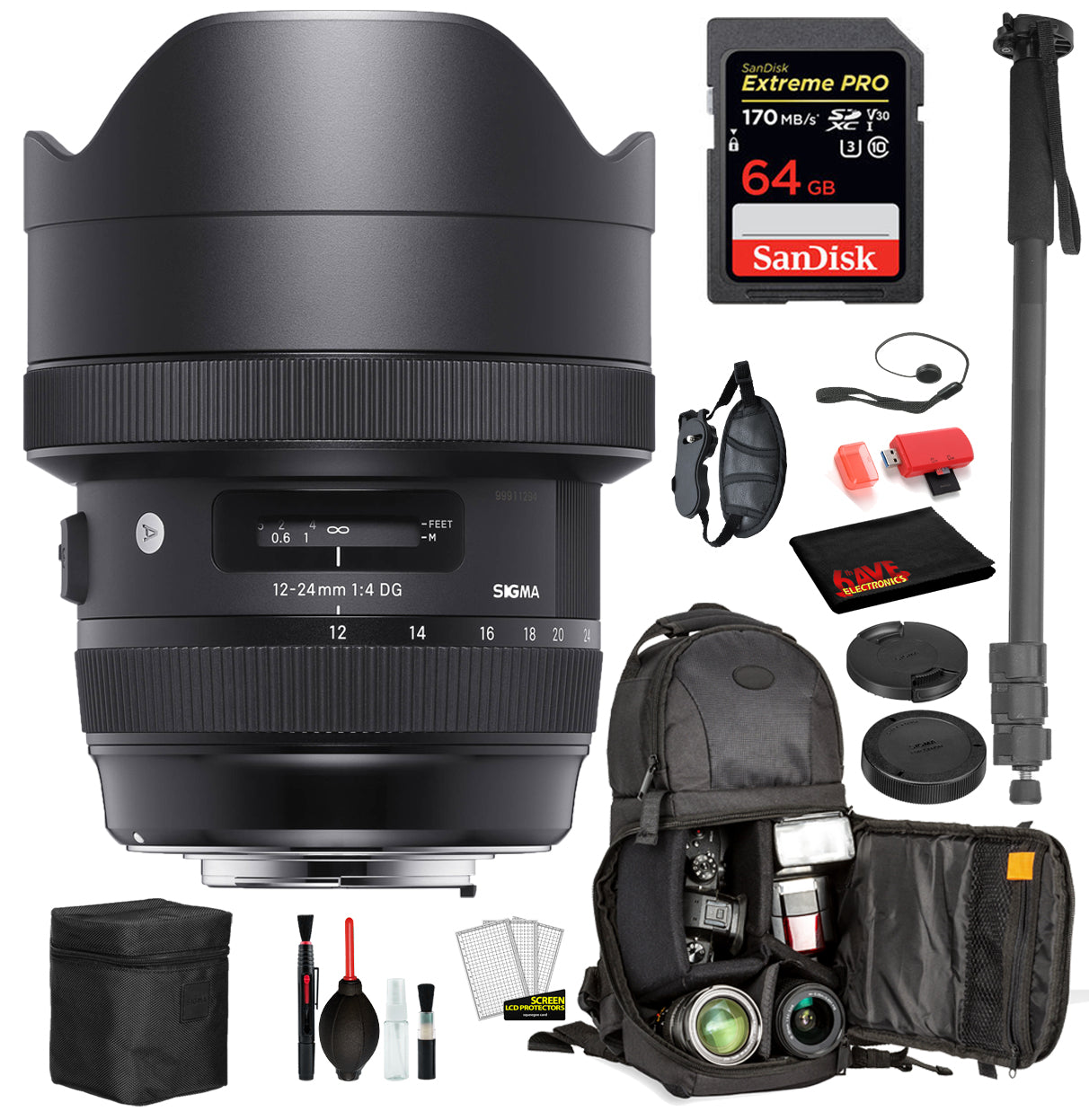 Sigma 12-24mm f/4 DG HSM Art Lens for Canon EF with Bundle: Sandisk extreme Pro 64gb SD Card, Sling Backpack + More