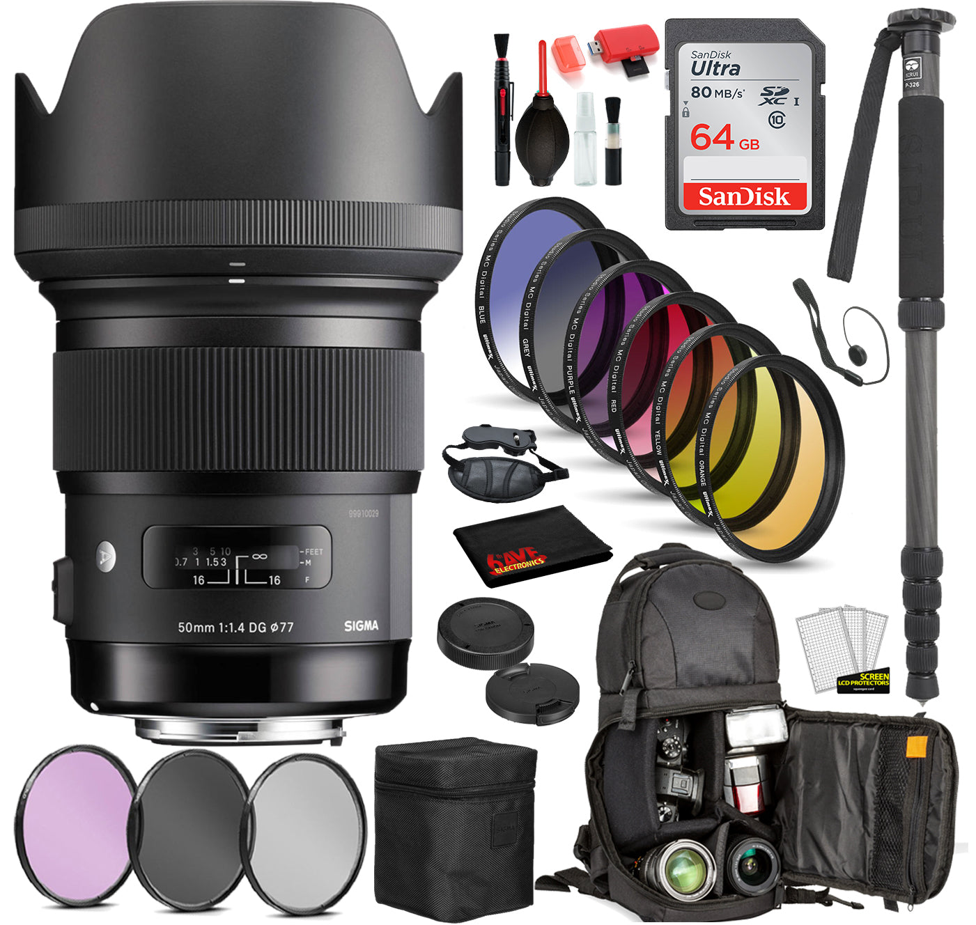 Sigma 50mm f/1.4 DG HSM Art Lens for Canon EF with Bundle: Sandisk 64gb SD Card, 9PC Filter Kit + More