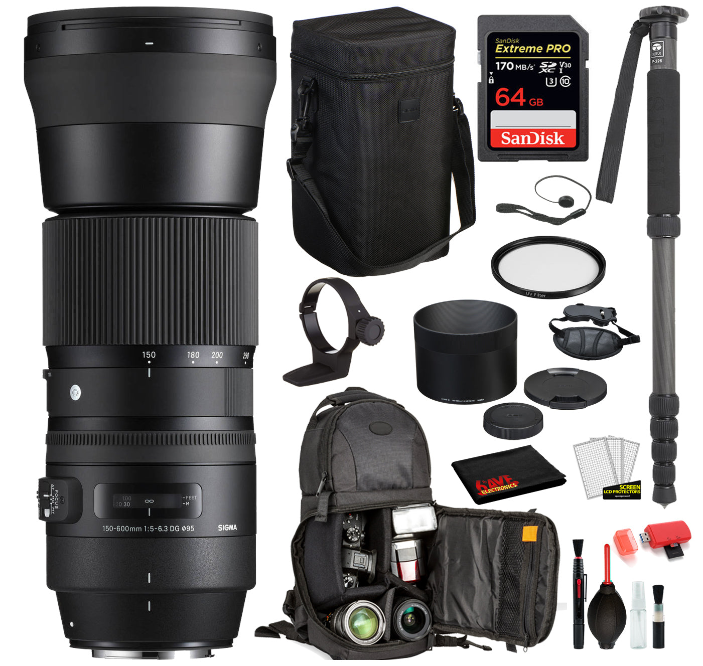 Sigma 150-600mm f/5-6.3 DG OS HSM Contemporary Lens for Canon EF with Bundles: SanDisk Extreme Pro 64gb SD Card + More