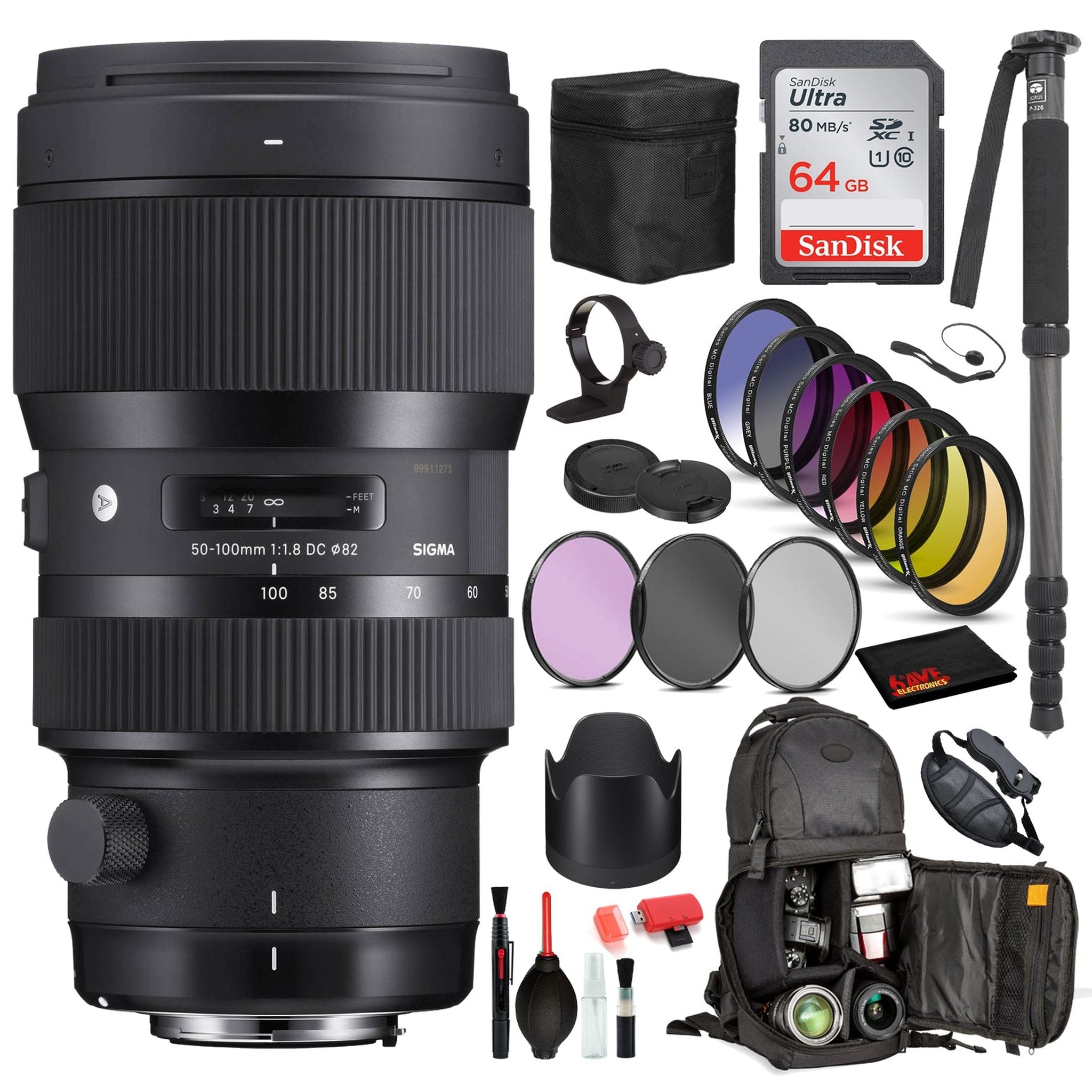 Sigma 50-100mm f/1.8 DC HSM Art Lens for Canon EF with Bundle: Sandisk 64gb SD Card, 9PC Filter Kit + More