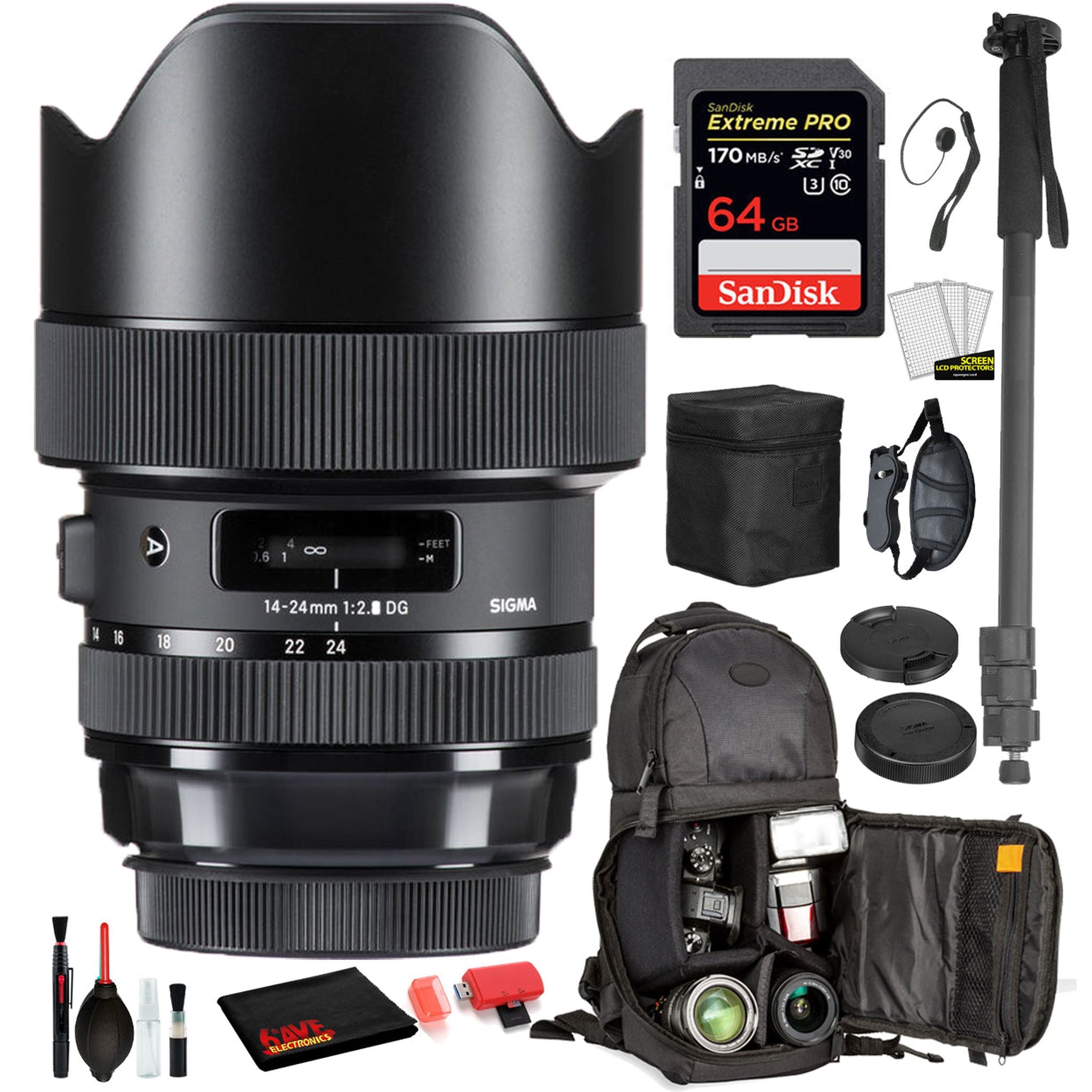 Sigma 14-24mm f/2.8 DG HSM Art Lens for Canon EF with Bundle: Sandisk extreme Pro 64gb SD Card, Sling Backpack + More