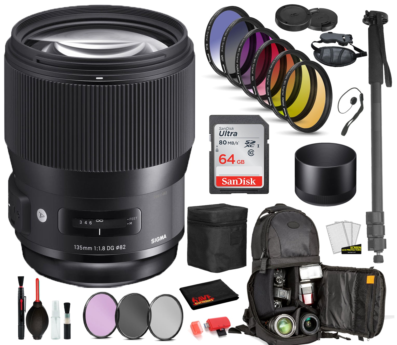 Sigma 135mm f/1.8 DG HSM Art Lens for Canon EF with Bundle Includes: Sandisk 64gb SD Card, 9PC Filter Kit + More