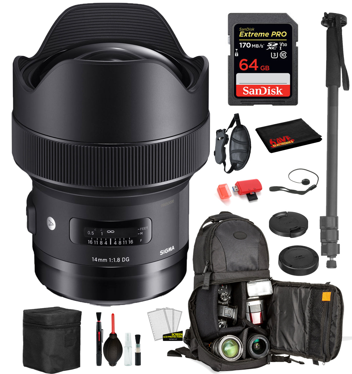 Sigma 14mm f/1.8 DG HSM Art Lens for Canon EF with Bundle: Sandisk extreme Pro 64gb SD Card, Sling Backpack + More