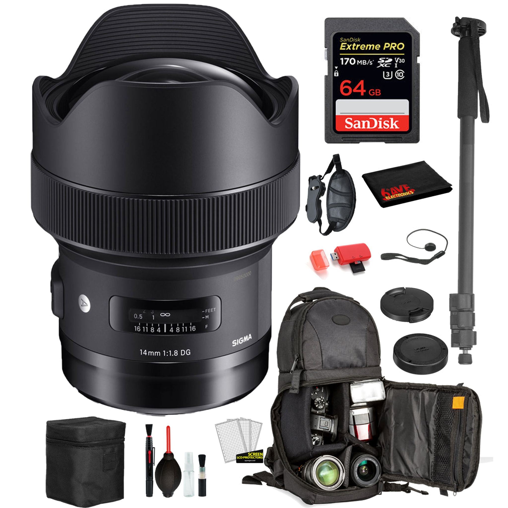 Sigma 14mm f/1.8 DG HSM Art Lens for Canon EF with Bundle: Sandisk extreme Pro 64gb SD Card, Sling Backpack + More Sigma