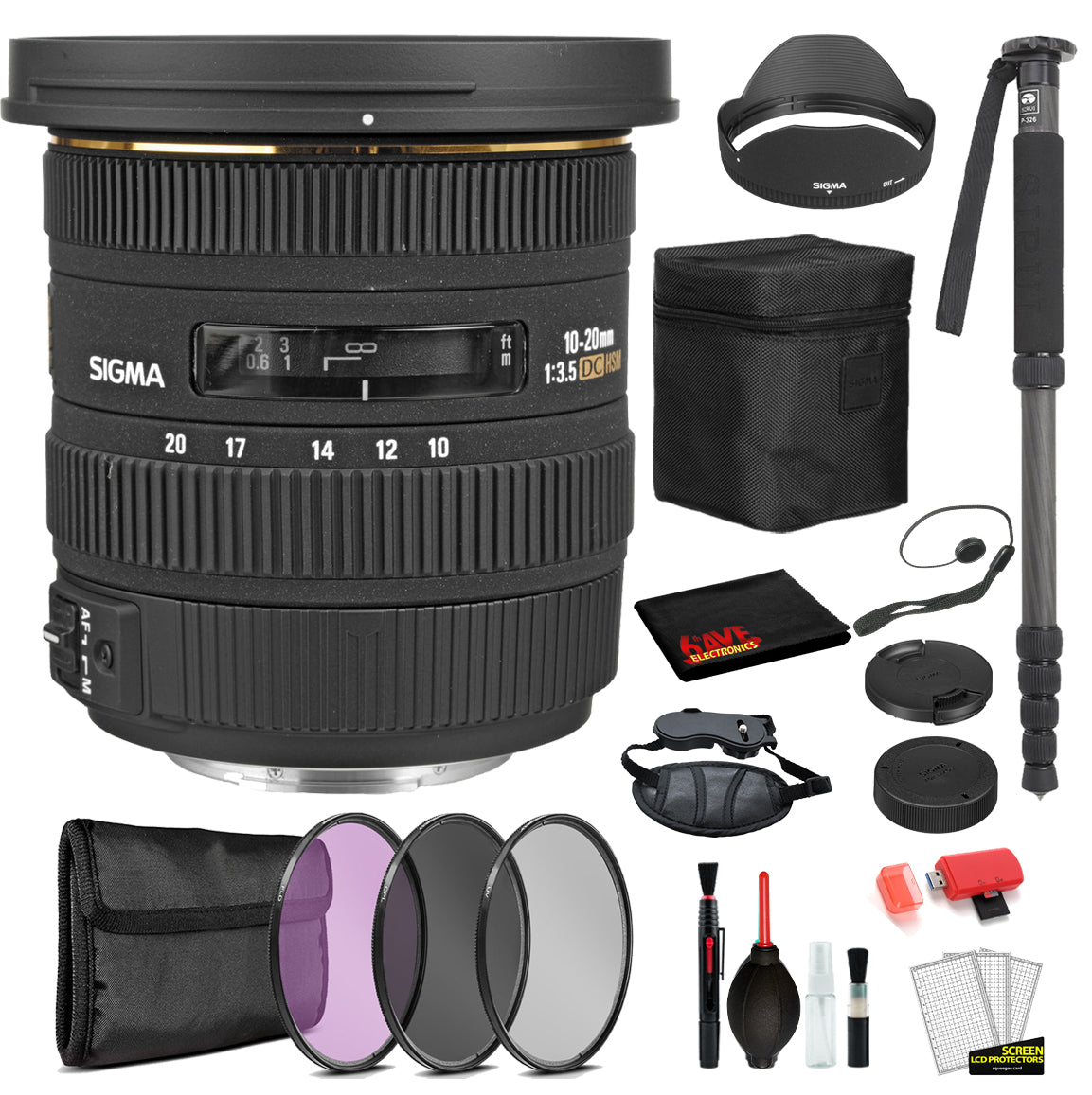 Sigma 10-20mm f/3.5 EX DC HSM Lens for Nikon F with Bundle Includes: Pro Series Monopod, 3PC Filter Kit + More