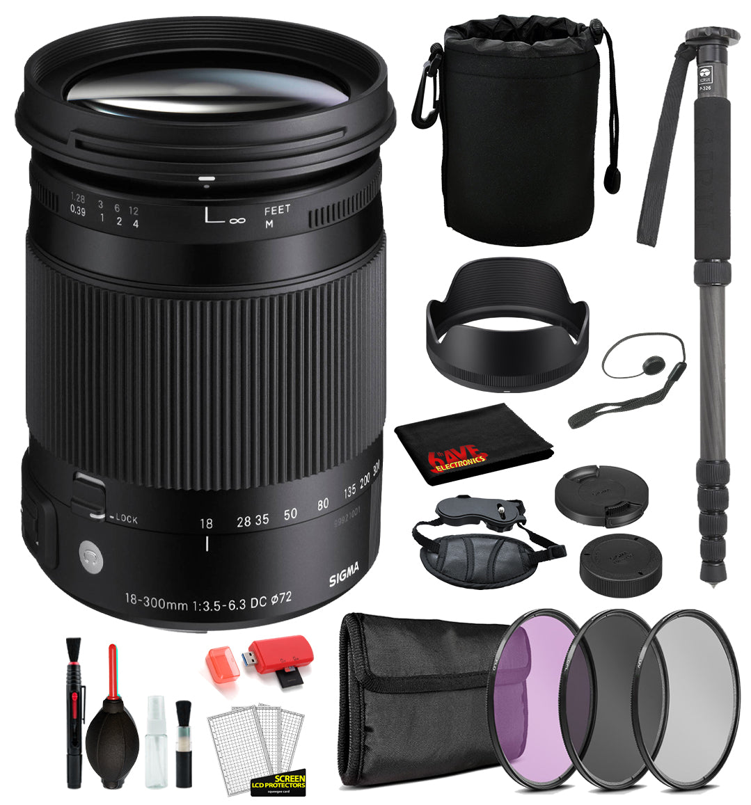 Sigma 18-300mm f/3.5-6.3 DC Macro OS HSM Contemporary Lens for Nikon F with Bundle: Monopod, 3PC Filter Kit + More