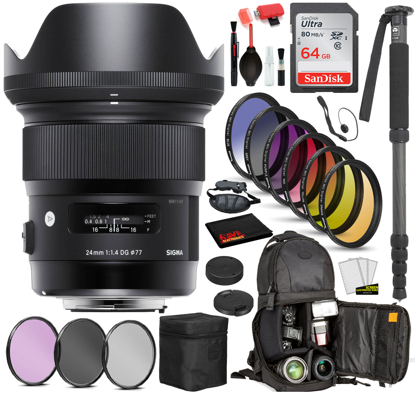 Sigma 24mm f/1.4 DG HSM Art Lens for Nikon F with Bundle Includes: Sandisk 64gb SD Card, 9PC Filter Kit + More