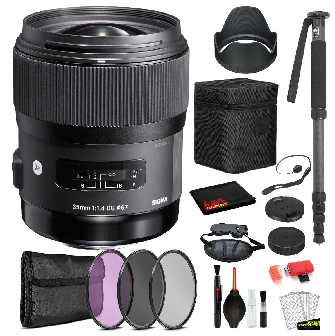 Sigma 35mm f/1.4 DG HSM Art Lens for Nikon F with Bundle Includes: 3PC Filter Kit + 70? Monopod + More